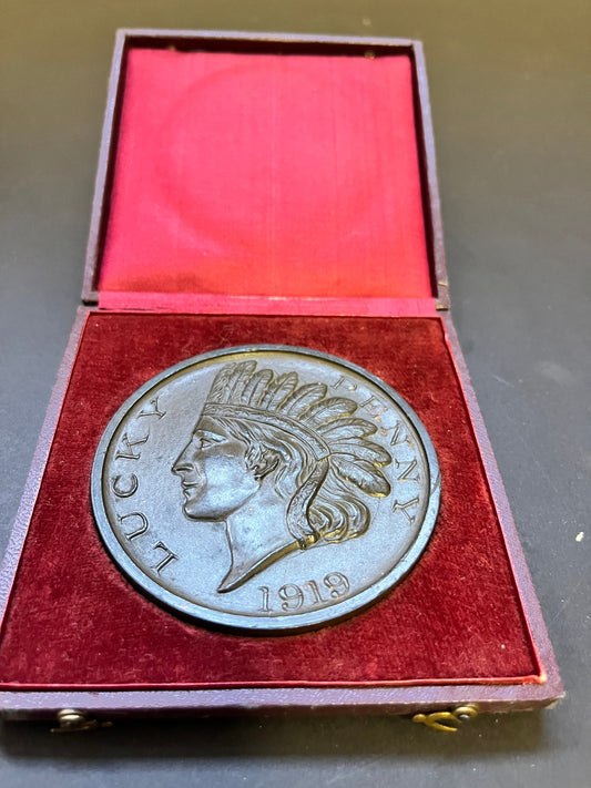 Fantastic antique 1919 bronze Lucky penny from Portland Oregon in original box  Great Patina and amazing gift  one if a kind  wow