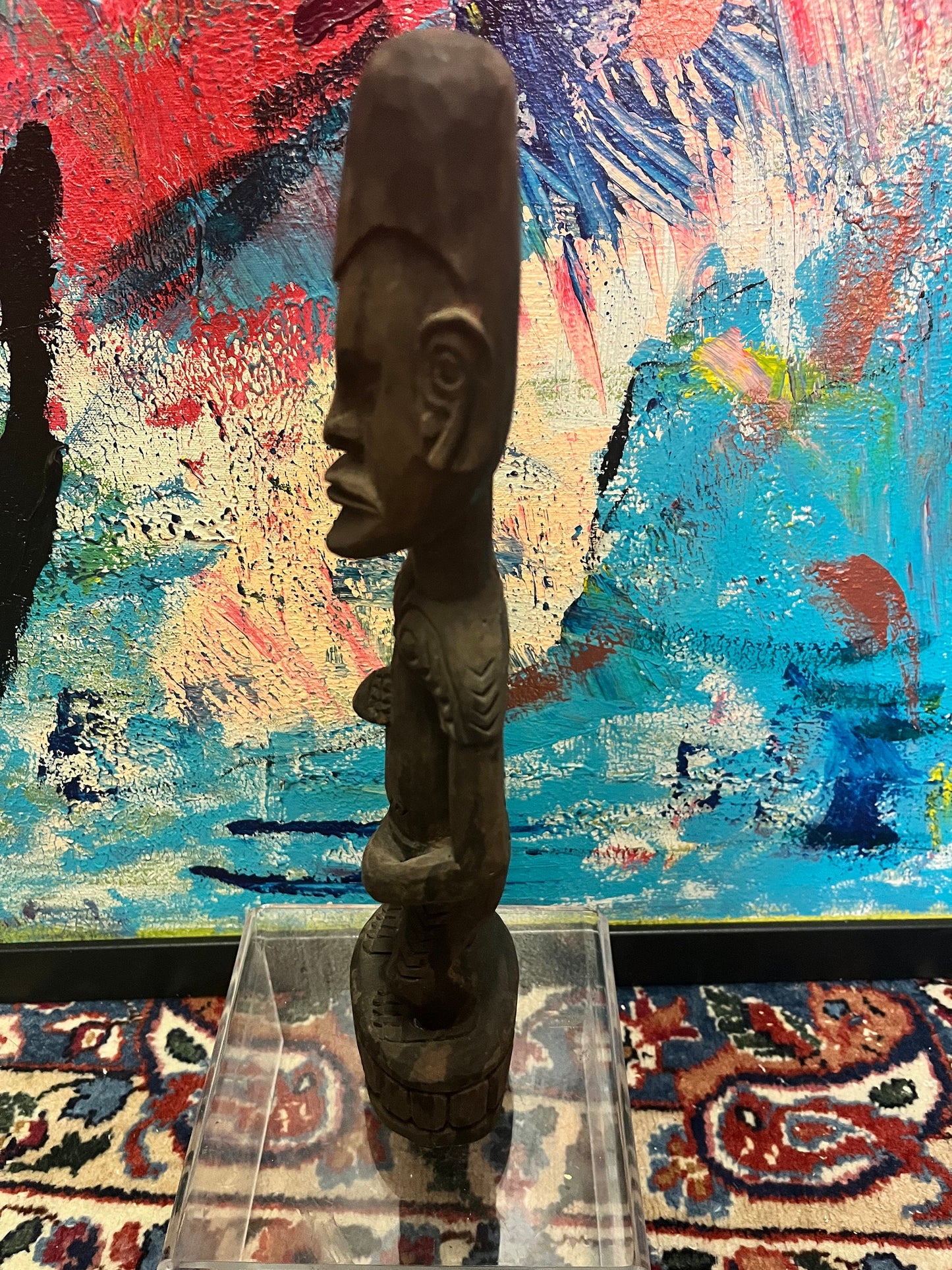 Absolutely fantastic 13 inch high antique African wooden statue of a man in a provocative position  Museum quality at a great price