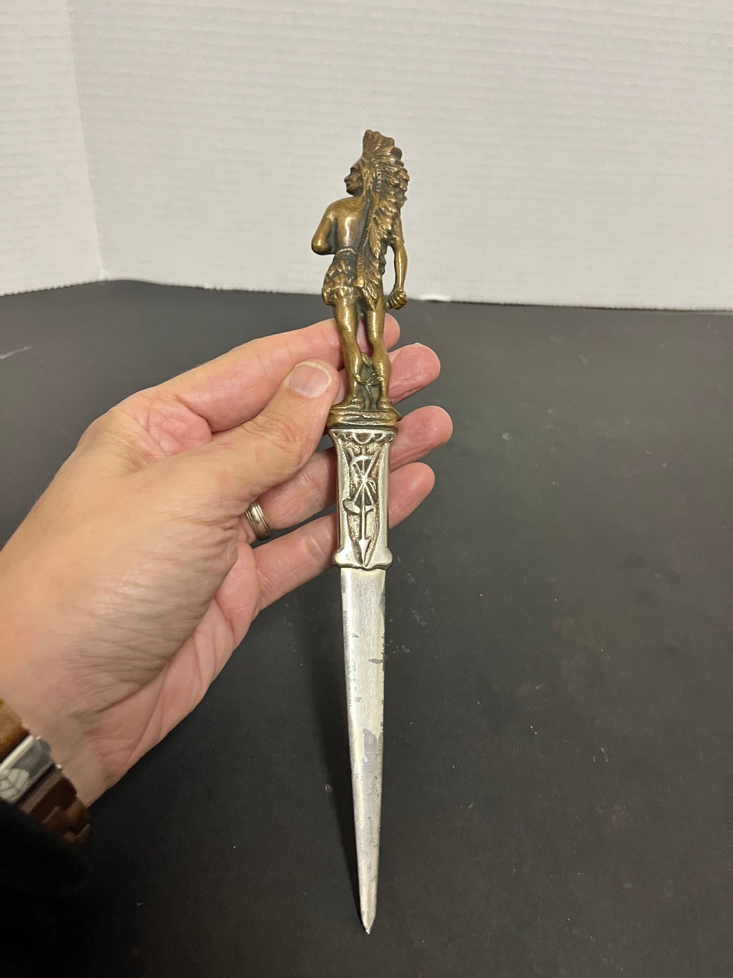 Fabulous rare 10 inch long bronze and metal letter opener celebrating Seattle Great Bettina and wonderful subject matter  Indigenous