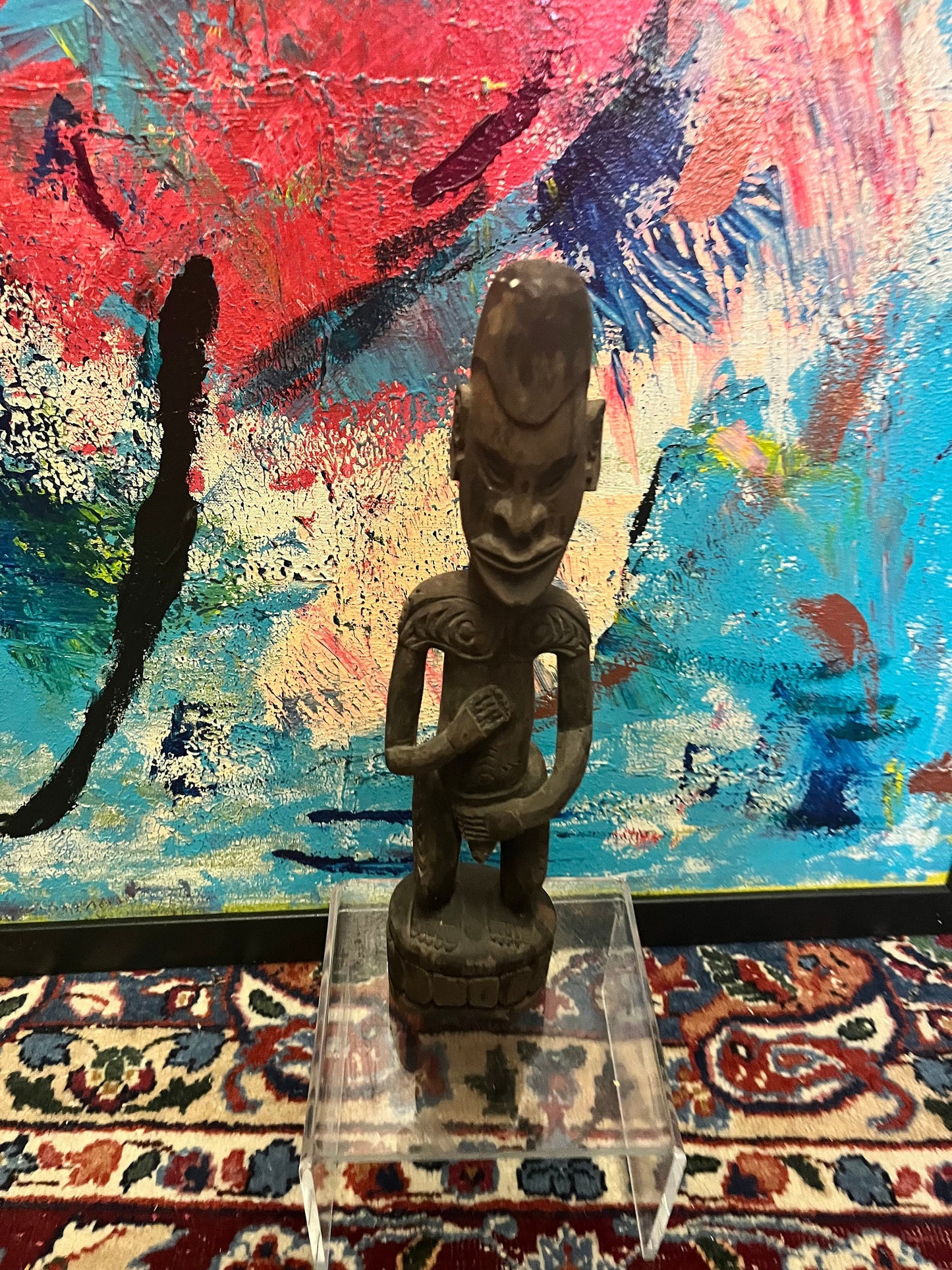 Absolutely fantastic 13 inch high antique African wooden statue of a man in a provocative position  Museum quality at a great price