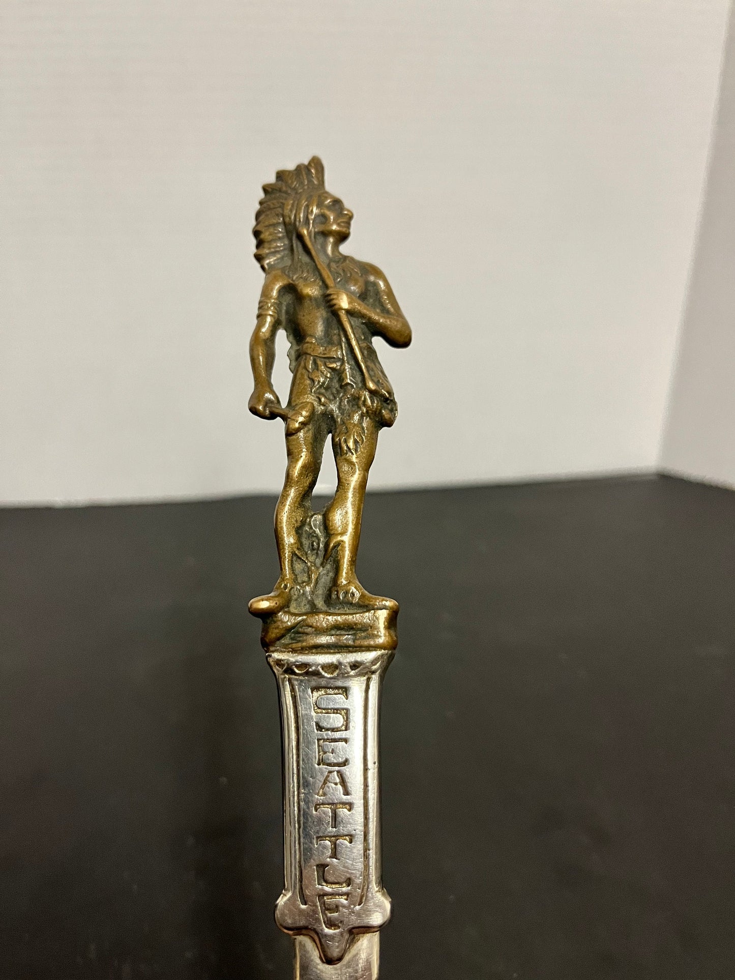 Fabulous rare 10 inch long bronze and metal letter opener celebrating Seattle Great Bettina and wonderful subject matter  Indigenous