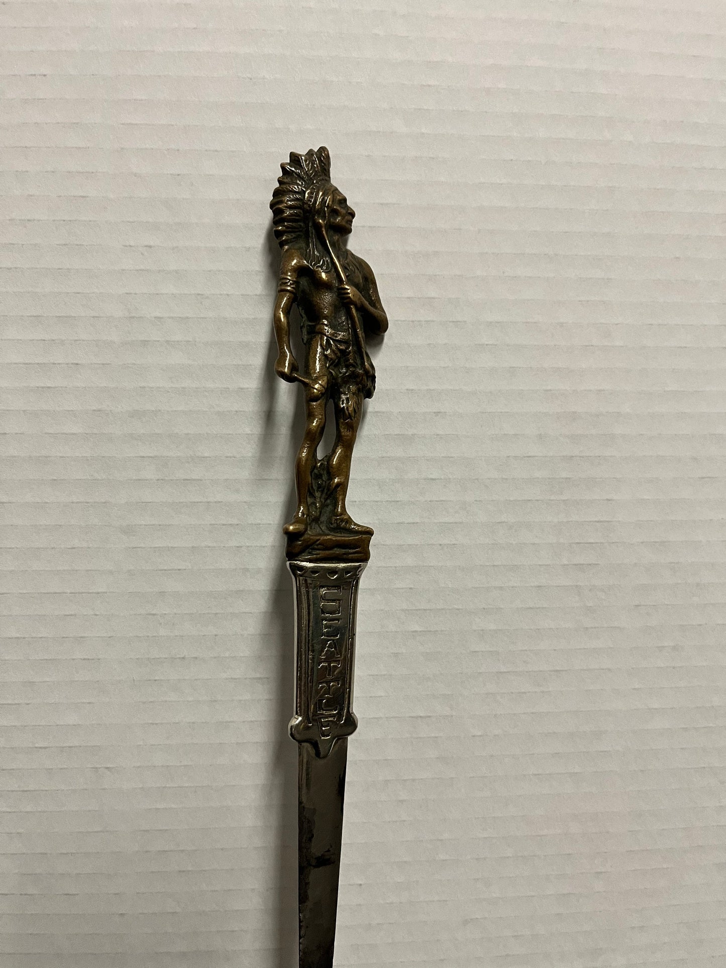 Fabulous rare 10 inch long bronze and metal letter opener celebrating Seattle Great Bettina and wonderful subject matter  Indigenous
