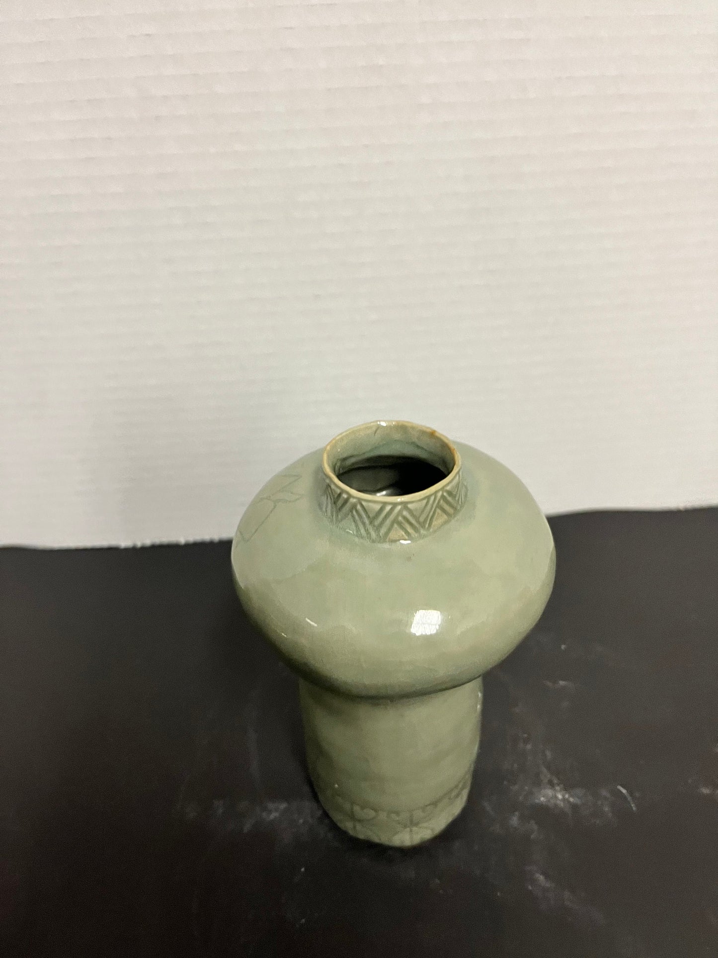 Sexy vivacious, curvy, 9 inch tall 1970s Asian celadon vase  wowzers with an intense floral decoration and amazing glaze makes perfect gift