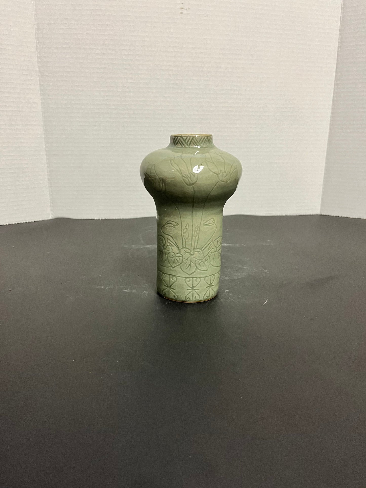 Sexy vivacious, curvy, 9 inch tall 1970s Asian celadon vase  wowzers with an intense floral decoration and amazing glaze makes perfect gift