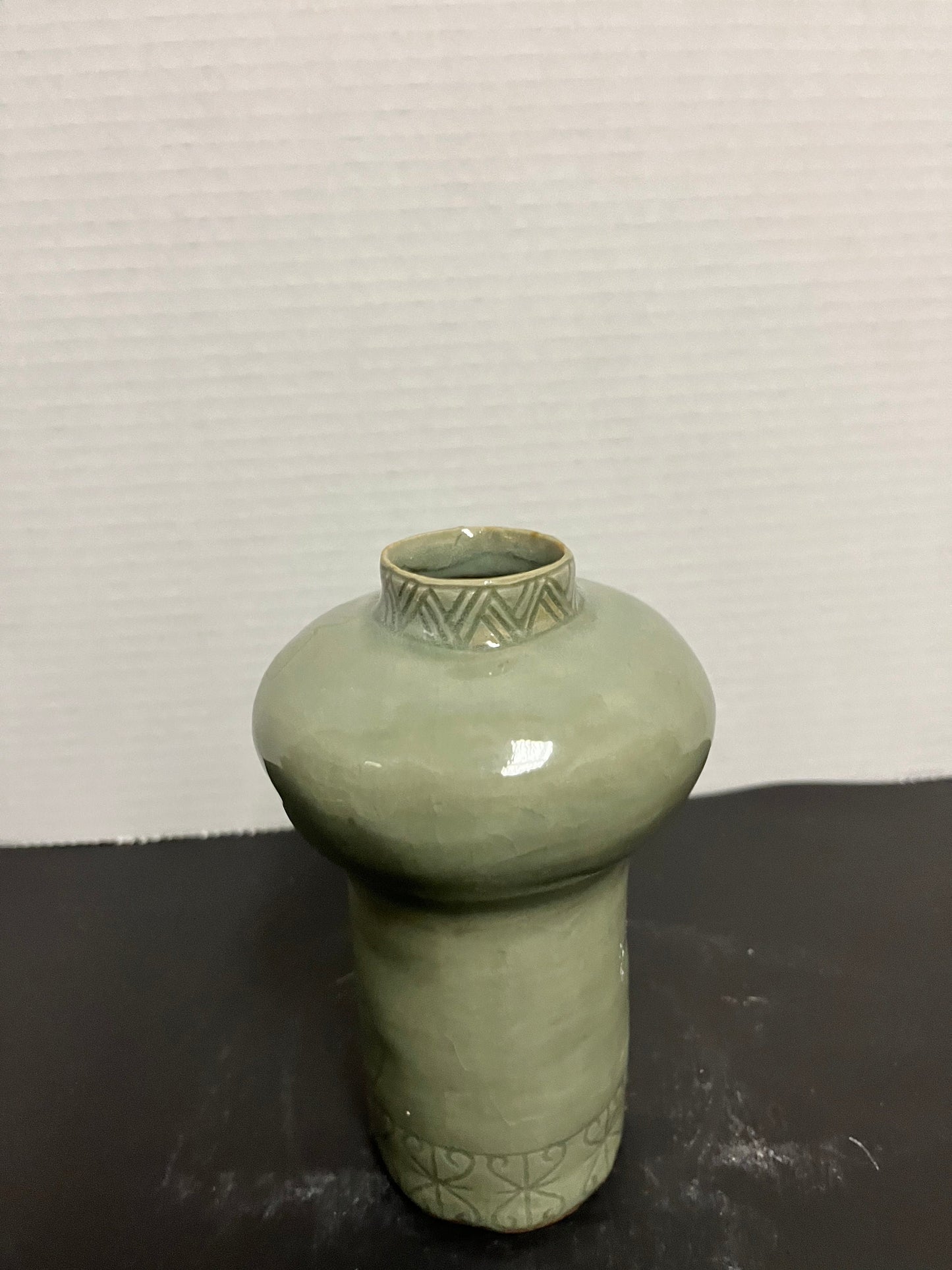 Sexy vivacious, curvy, 9 inch tall 1970s Asian celadon vase  wowzers with an intense floral decoration and amazing glaze makes perfect gift