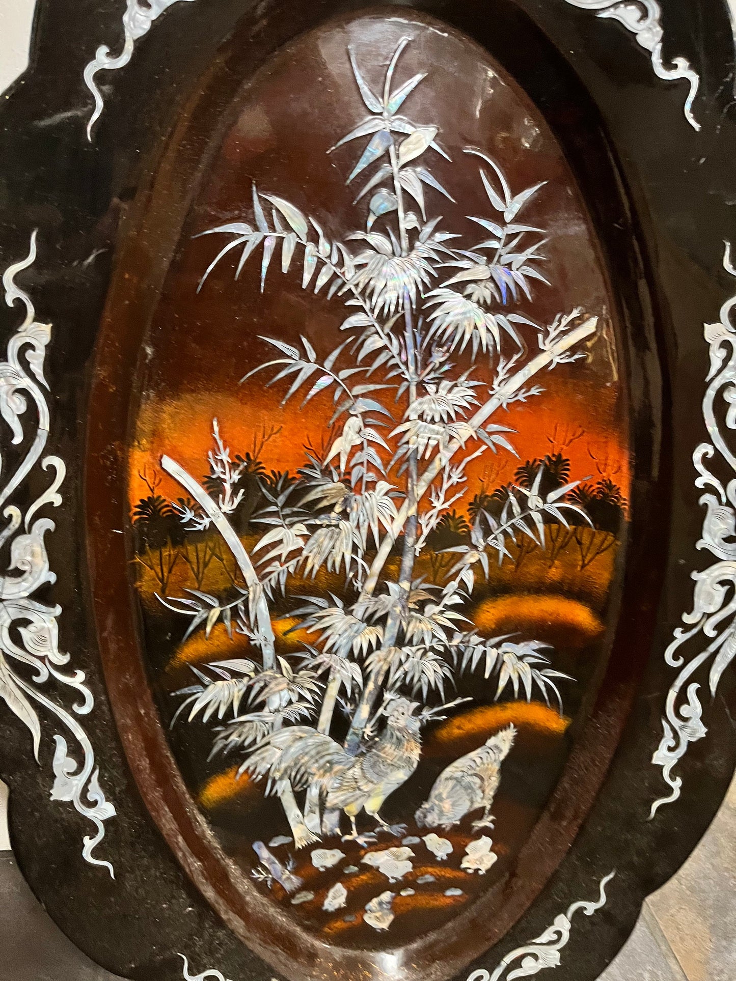 Huge fabulous Chinese 30 x 19 inch Lacquer with mother-of-pearl heavily decorated  ready to hang  perfect  Asian cocks  wow wow