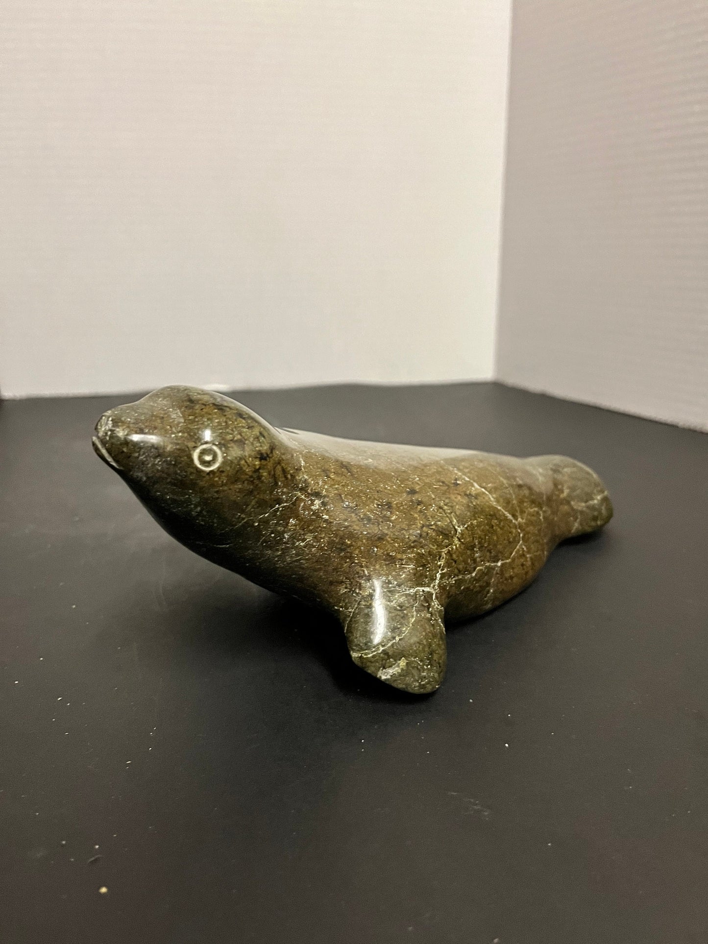 Antique 10 inch long authentic carved Inuit soap stone carved seal