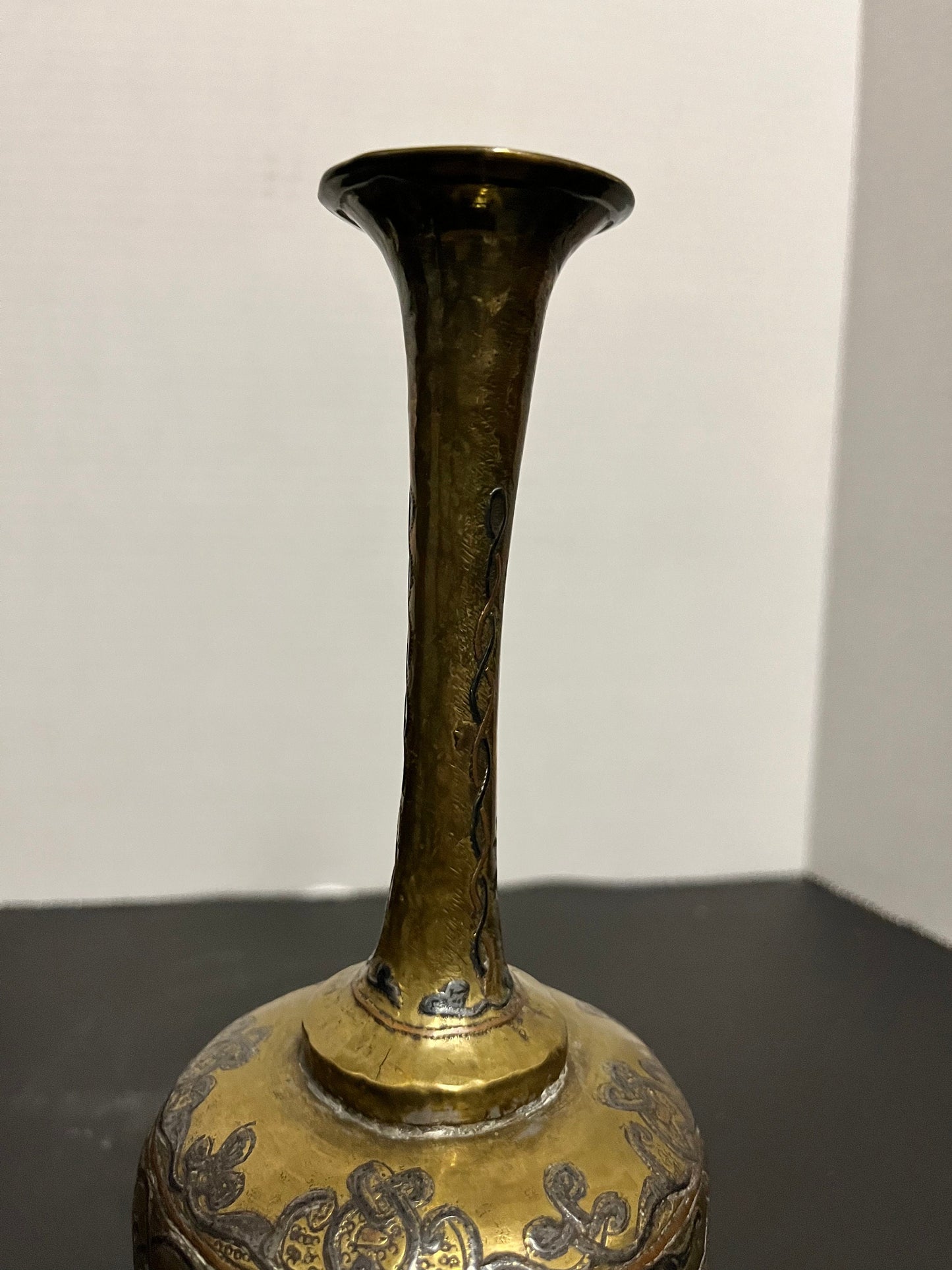 Fantastic 10 inch tall, antique, silver brass, and copper Persian vase with great detail and wonderful patina  perfect gift