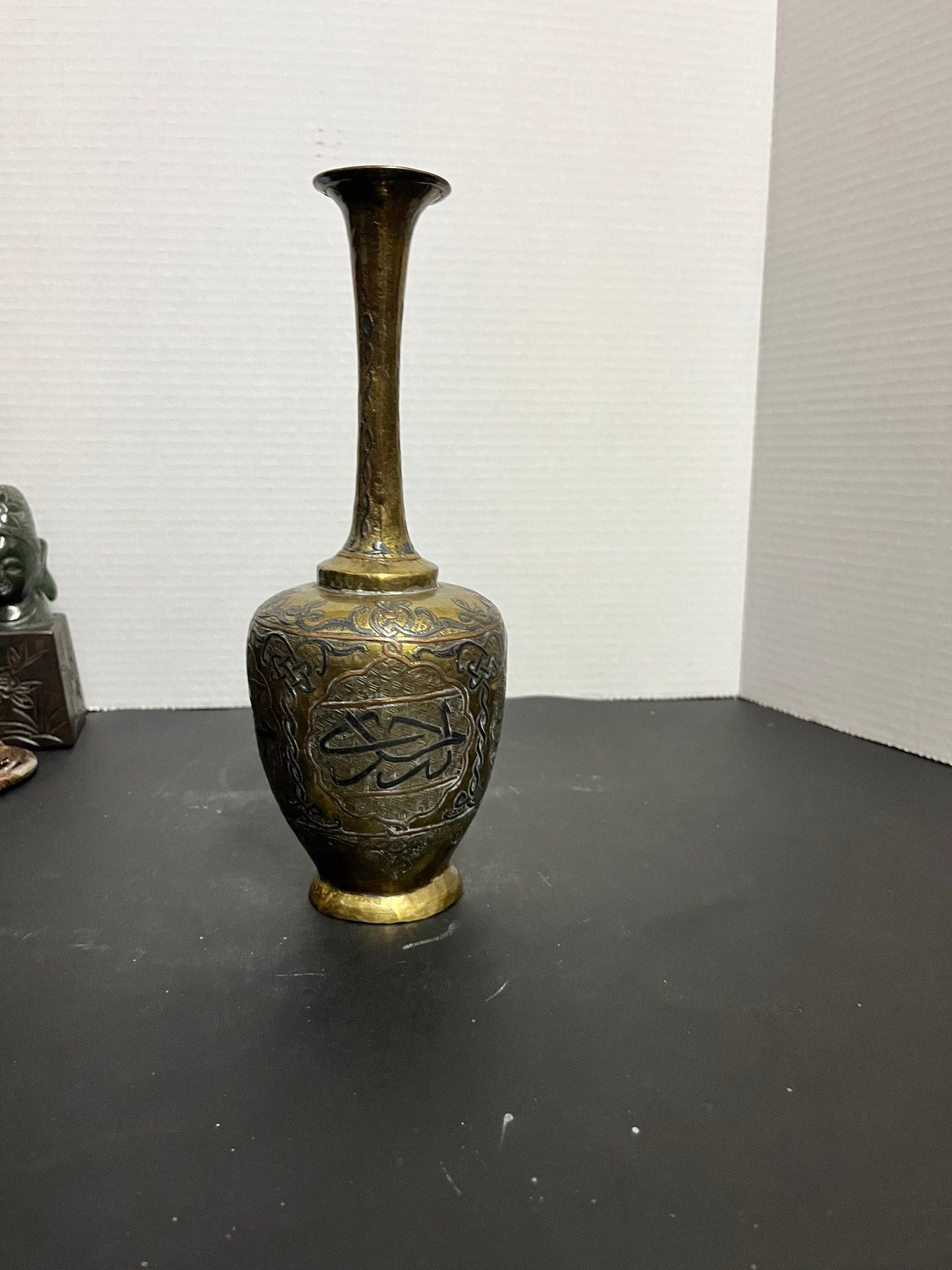 Fantastic 10 inch tall, antique, silver brass, and copper Persian vase with great detail and wonderful patina  perfect gift
