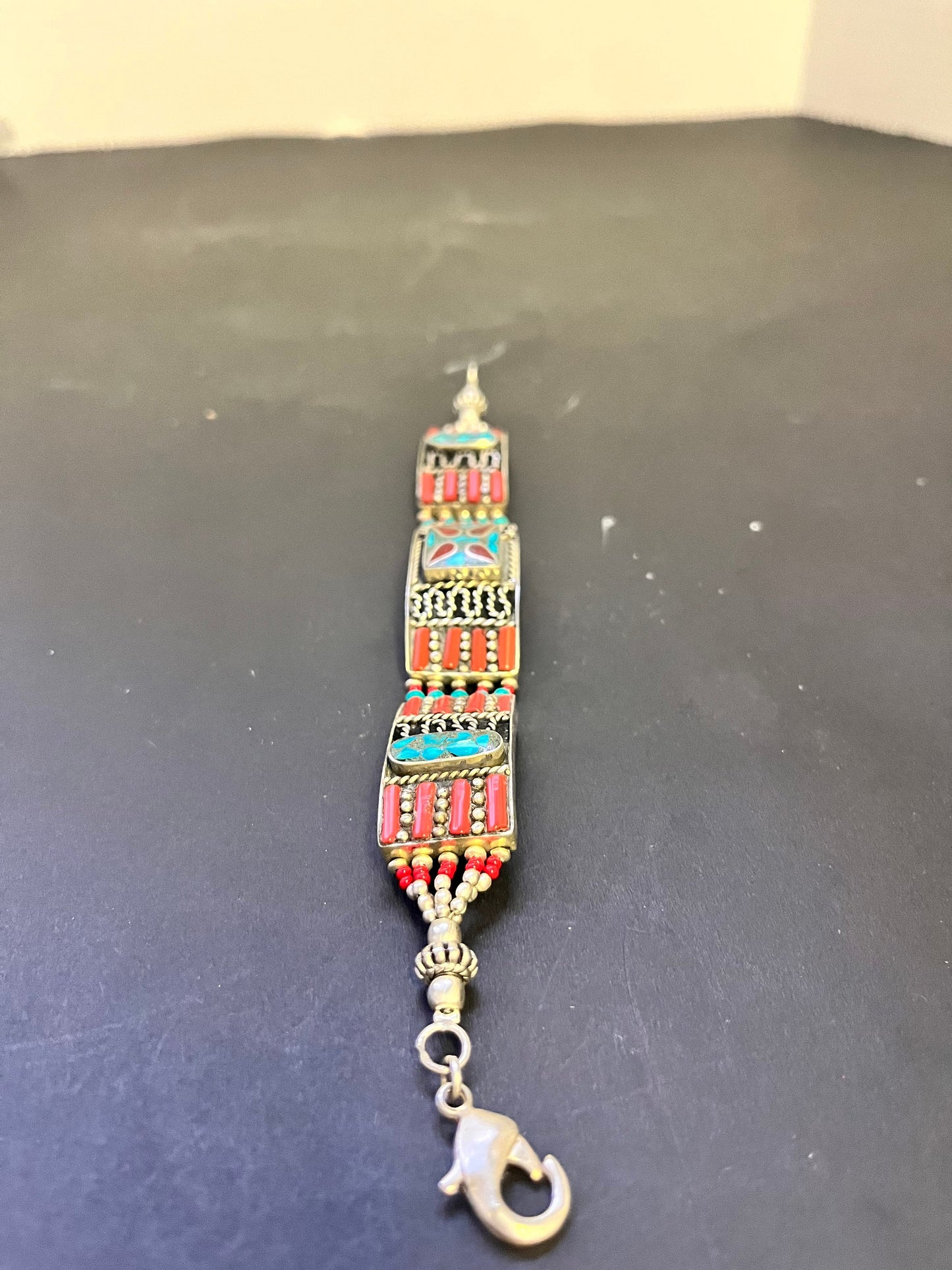 Antique Tibetan, Sterling, turquoise and Coral 8 inch bracelet