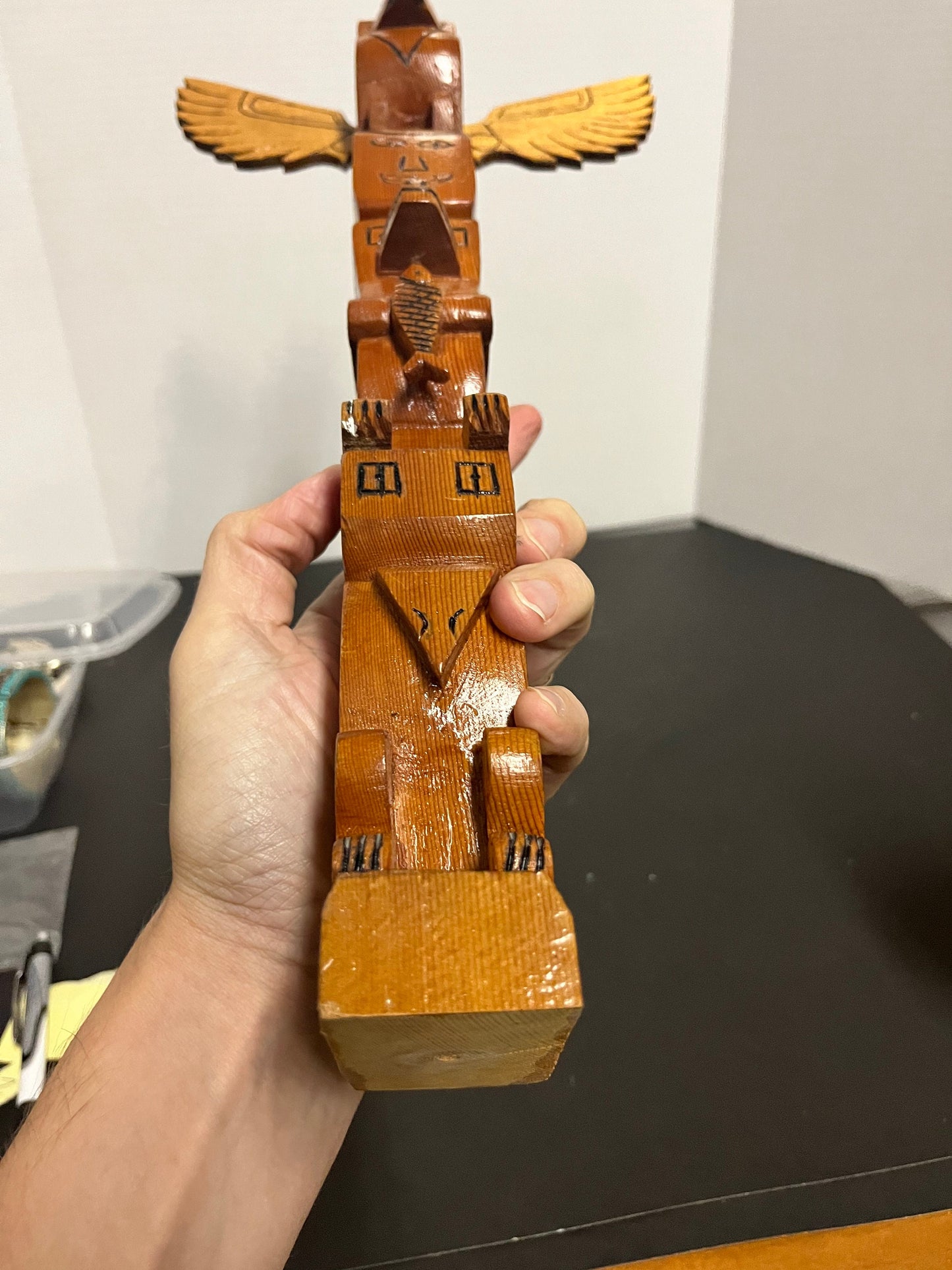 16 x 8 indigenous totem pole  vintage, indigenous, first nations, pacific northwest coast, transformation, totem pole- good cond - signed