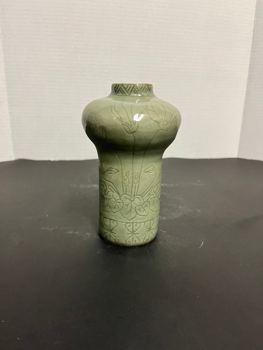 Sexy vivacious, curvy, 9 inch tall 1970s Asian celadon vase  wowzers with an intense floral decoration and amazing glaze makes perfect gift
