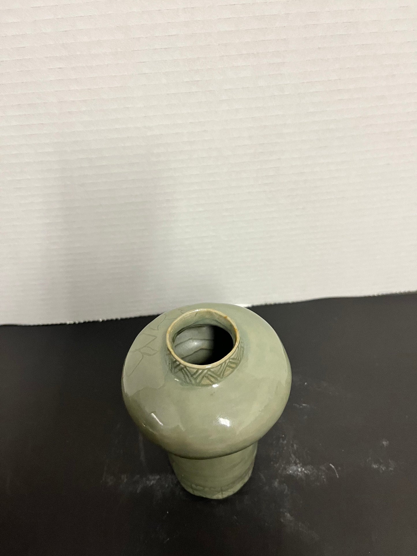 Sexy vivacious, curvy, 9 inch tall 1970s Asian celadon vase  wowzers with an intense floral decoration and amazing glaze makes perfect gift