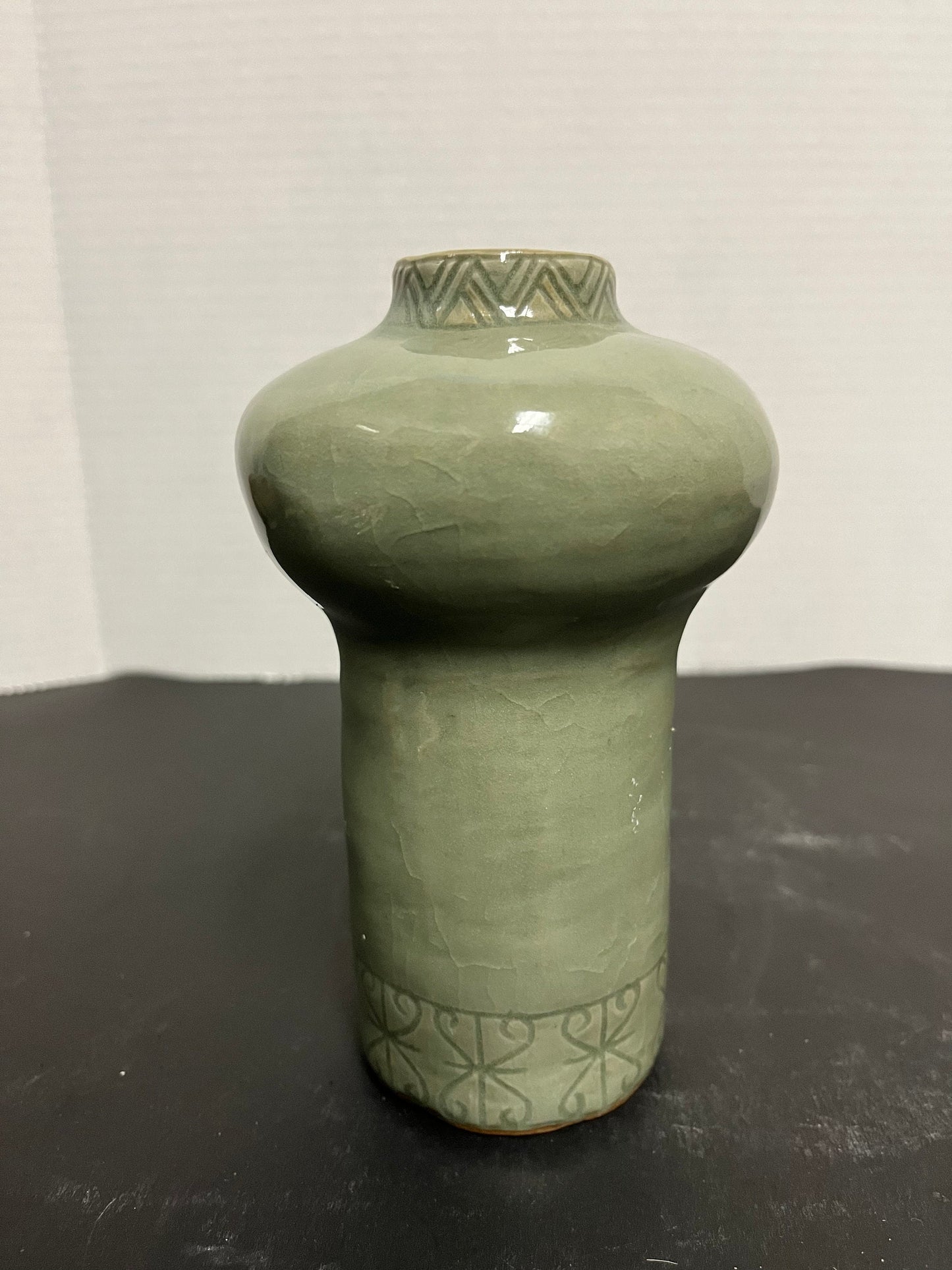 Sexy vivacious, curvy, 9 inch tall 1970s Asian celadon vase  wowzers with an intense floral decoration and amazing glaze makes perfect gift
