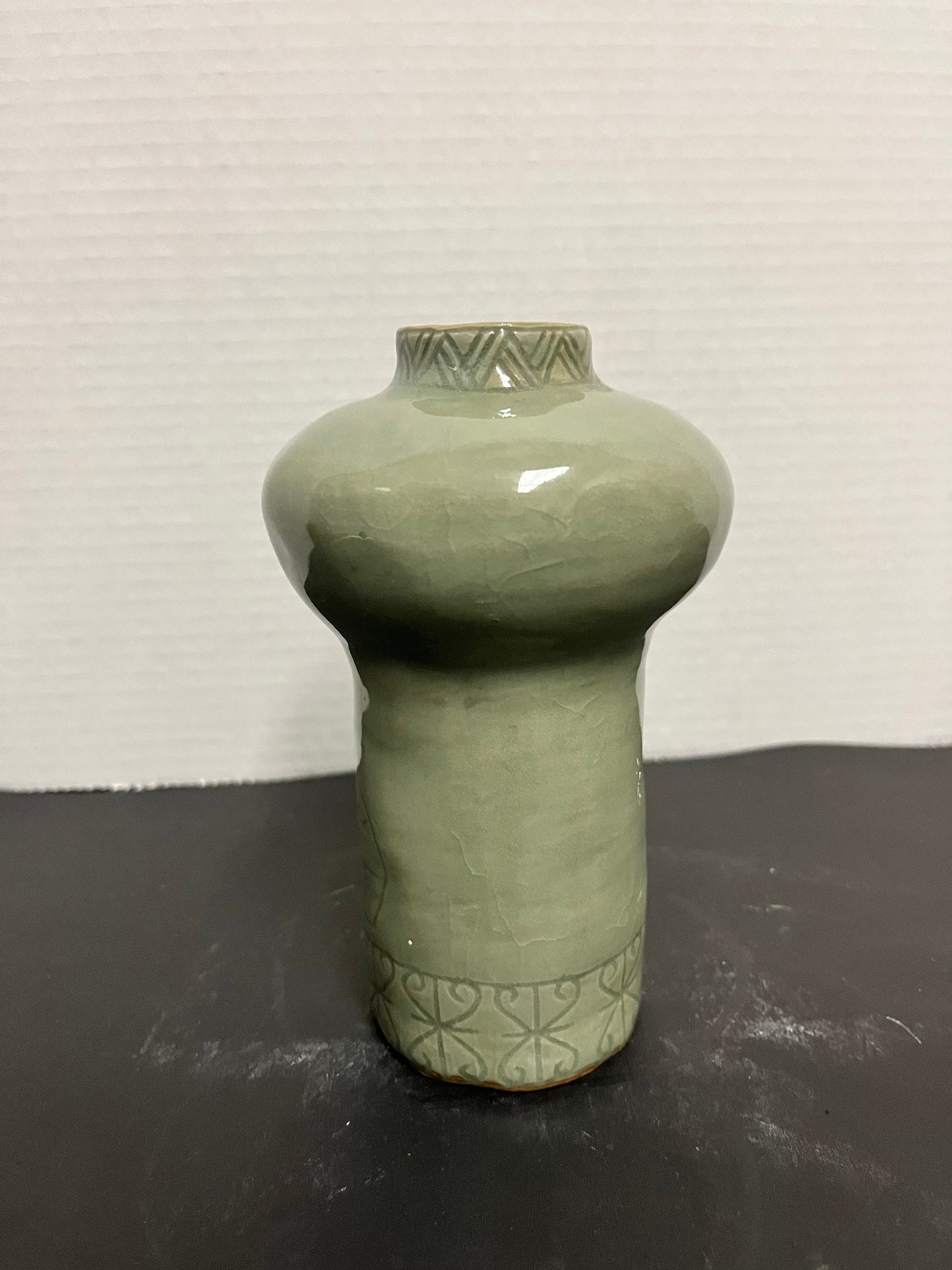 Sexy vivacious, curvy, 9 inch tall 1970s Asian celadon vase  wowzers with an intense floral decoration and amazing glaze makes perfect gift