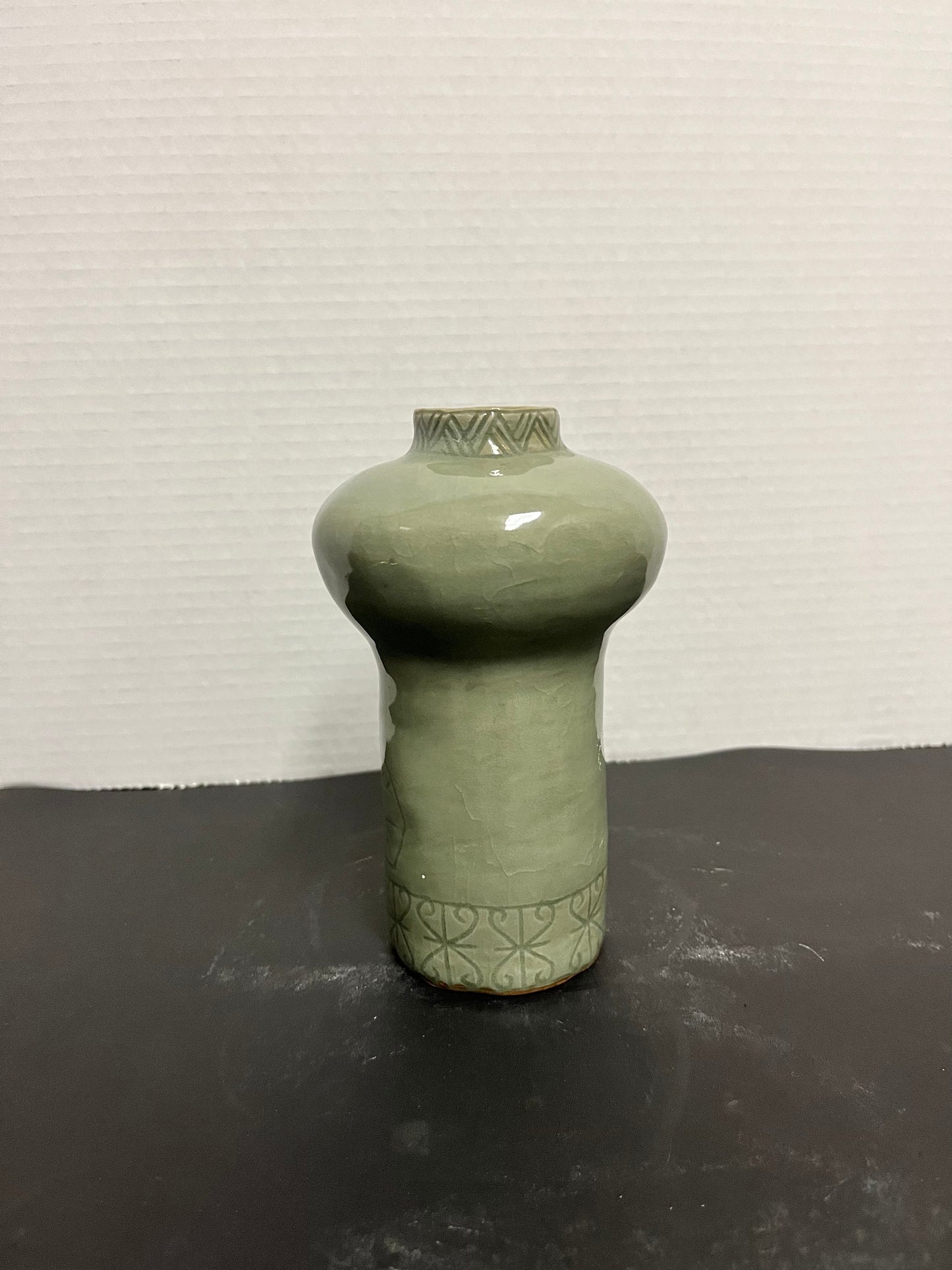 Sexy vivacious, curvy, 9 inch tall 1970s Asian celadon vase  wowzers with an intense floral decoration and amazing glaze makes perfect gift