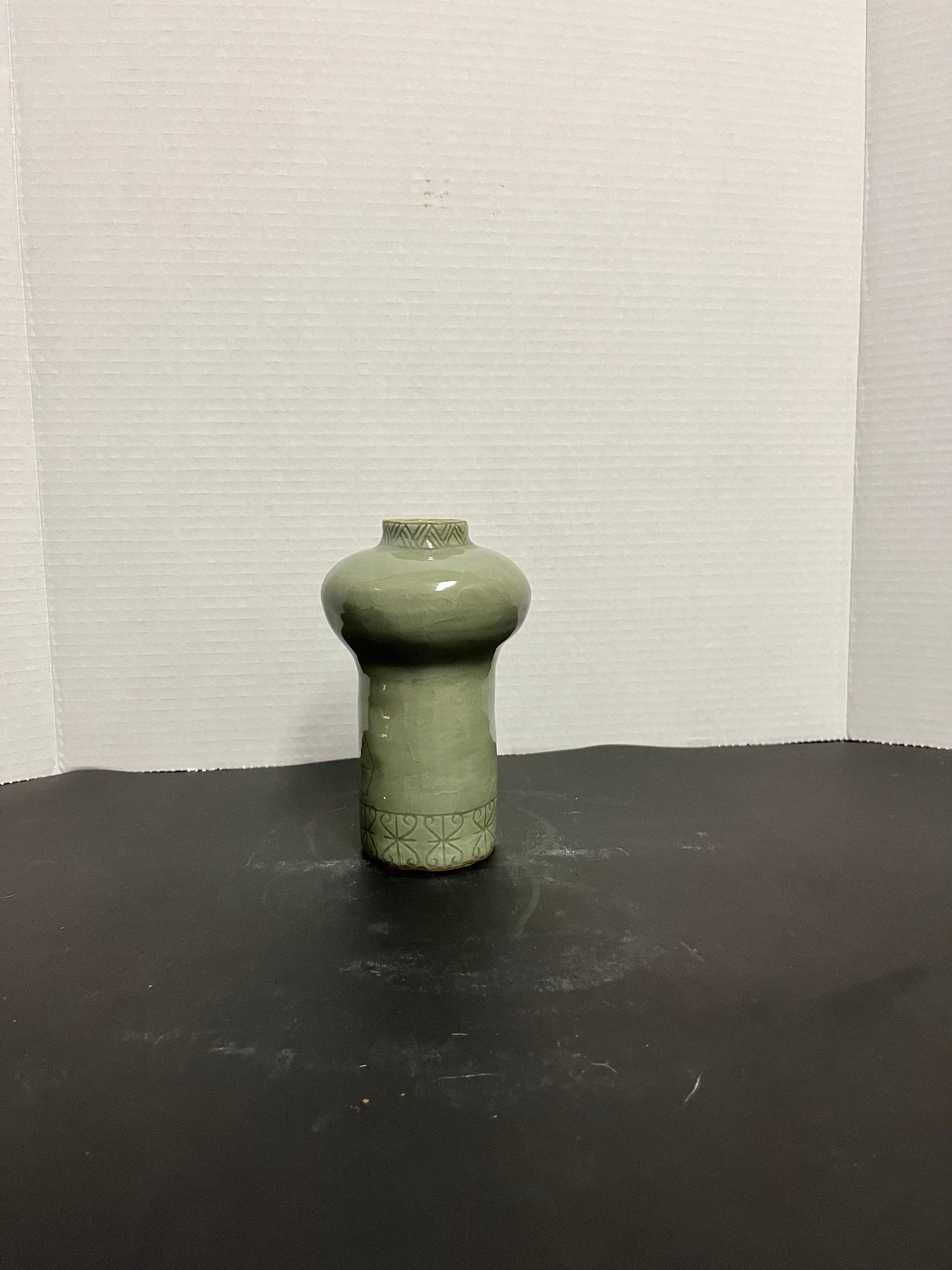 Sexy vivacious, curvy, 9 inch tall 1970s Asian celadon vase  wowzers with an intense floral decoration and amazing glaze makes perfect gift