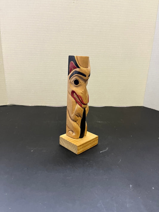 7 x 2 1/2 x 2 deep fabulous indigenous first nations pacific northwest coast, signed by R Tait  unreal cedar carving and painting - wow