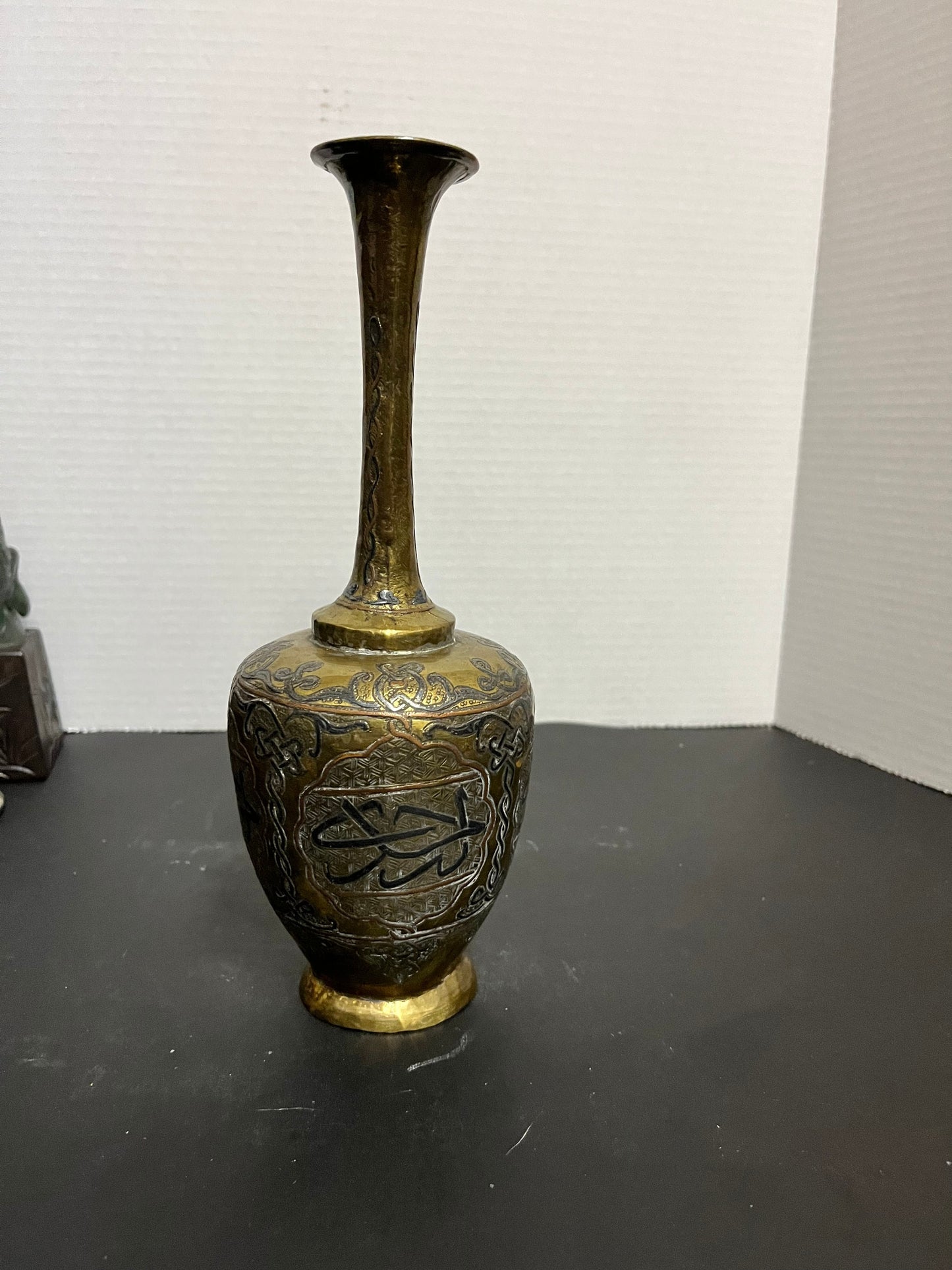 Fantastic 10 inch tall, antique, silver brass, and copper Persian vase with great detail and wonderful patina  perfect gift