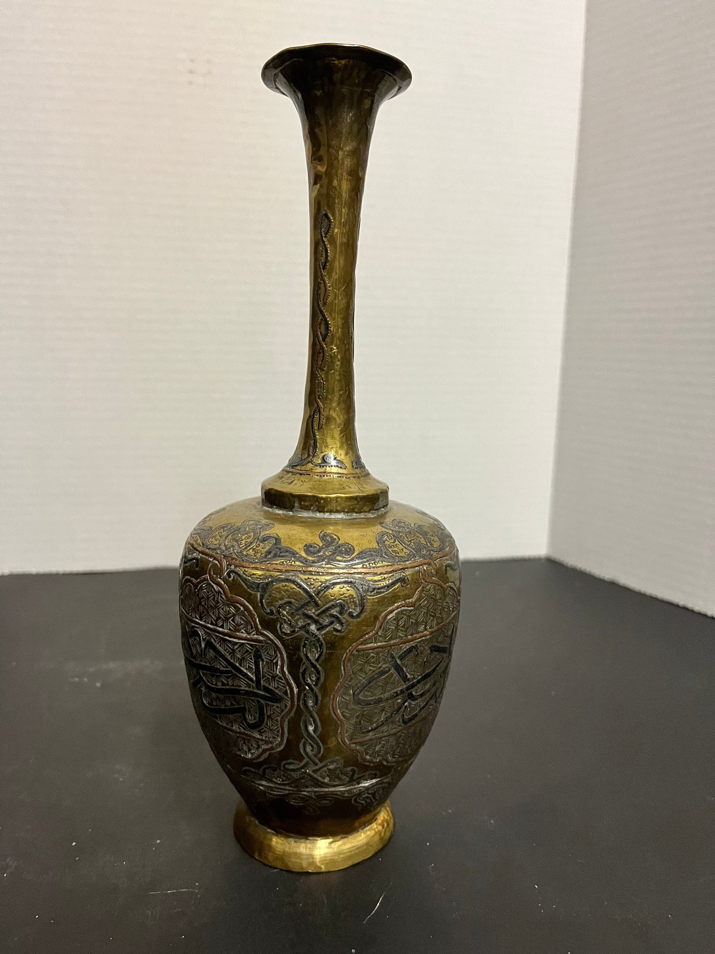 Fantastic 10 inch tall, antique, silver brass, and copper Persian vase with great detail and wonderful patina  perfect gift