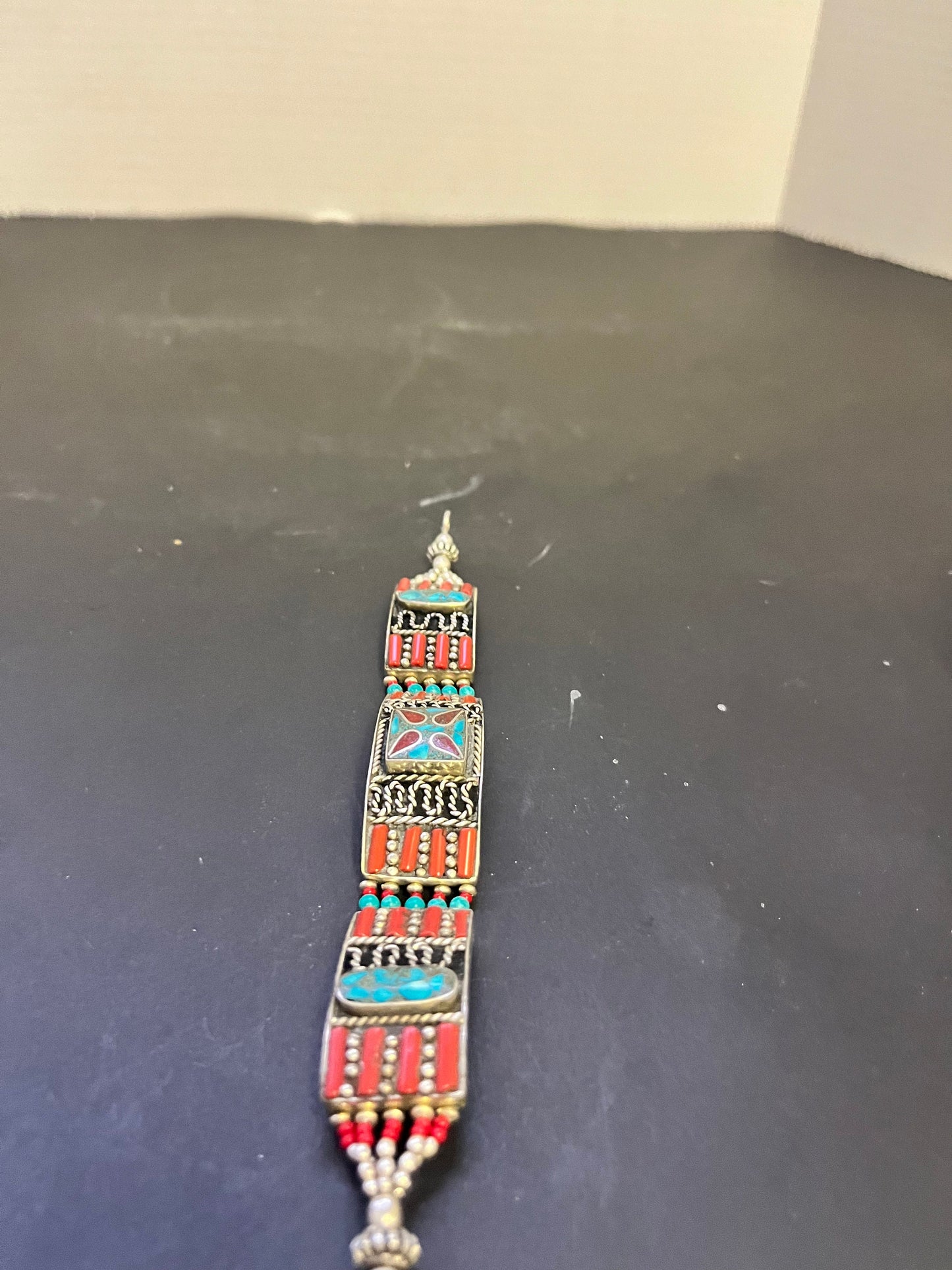 Antique Tibetan, Sterling, turquoise and Coral 8 inch bracelet