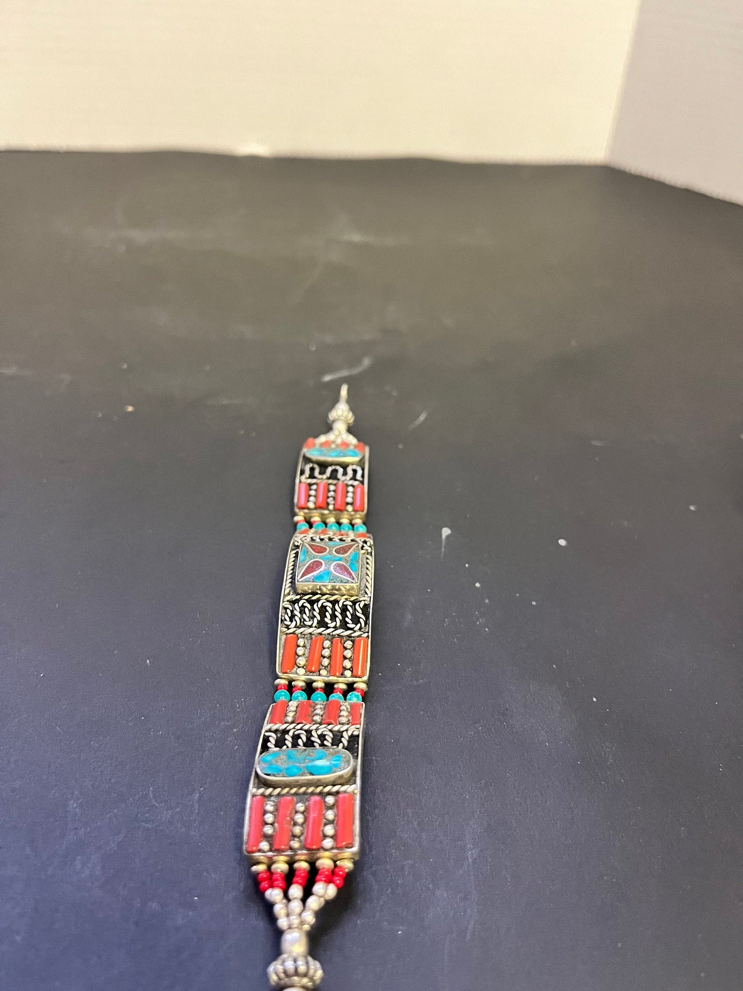 Antique Tibetan, Sterling, turquoise and Coral 8 inch bracelet