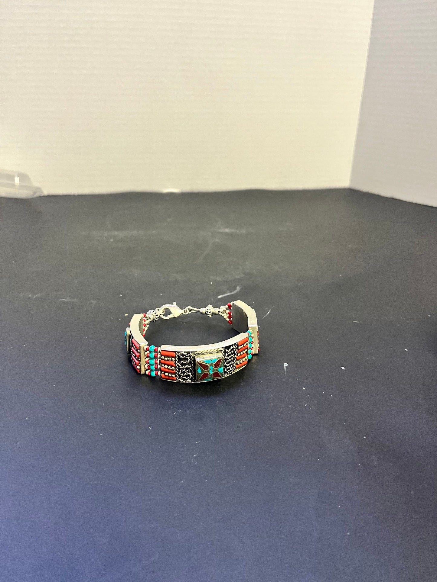 Antique Tibetan, Sterling, turquoise and Coral 8 inch bracelet