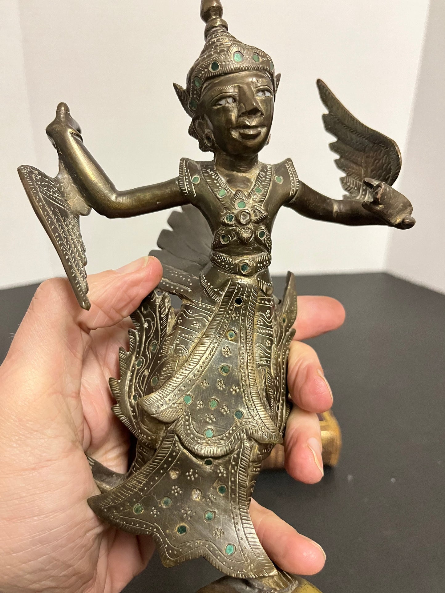 Antique fabulous well details 9 inch tall bronze thai bejewelled goddess statue  wonderful Patina  and condition great gift