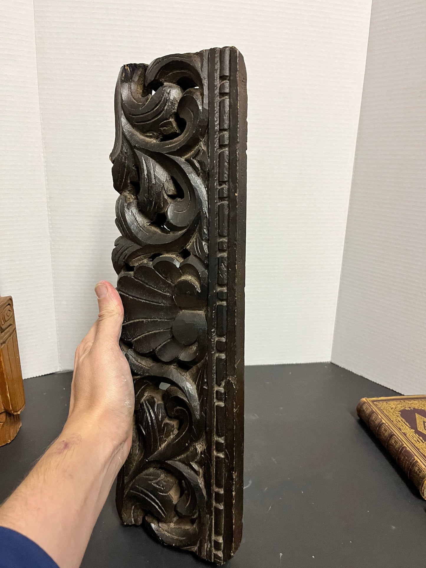 17 x 5 x 2 deep antique Asian architectural wooden piece  wonderful detail in carving and great patina  truly magical architectural