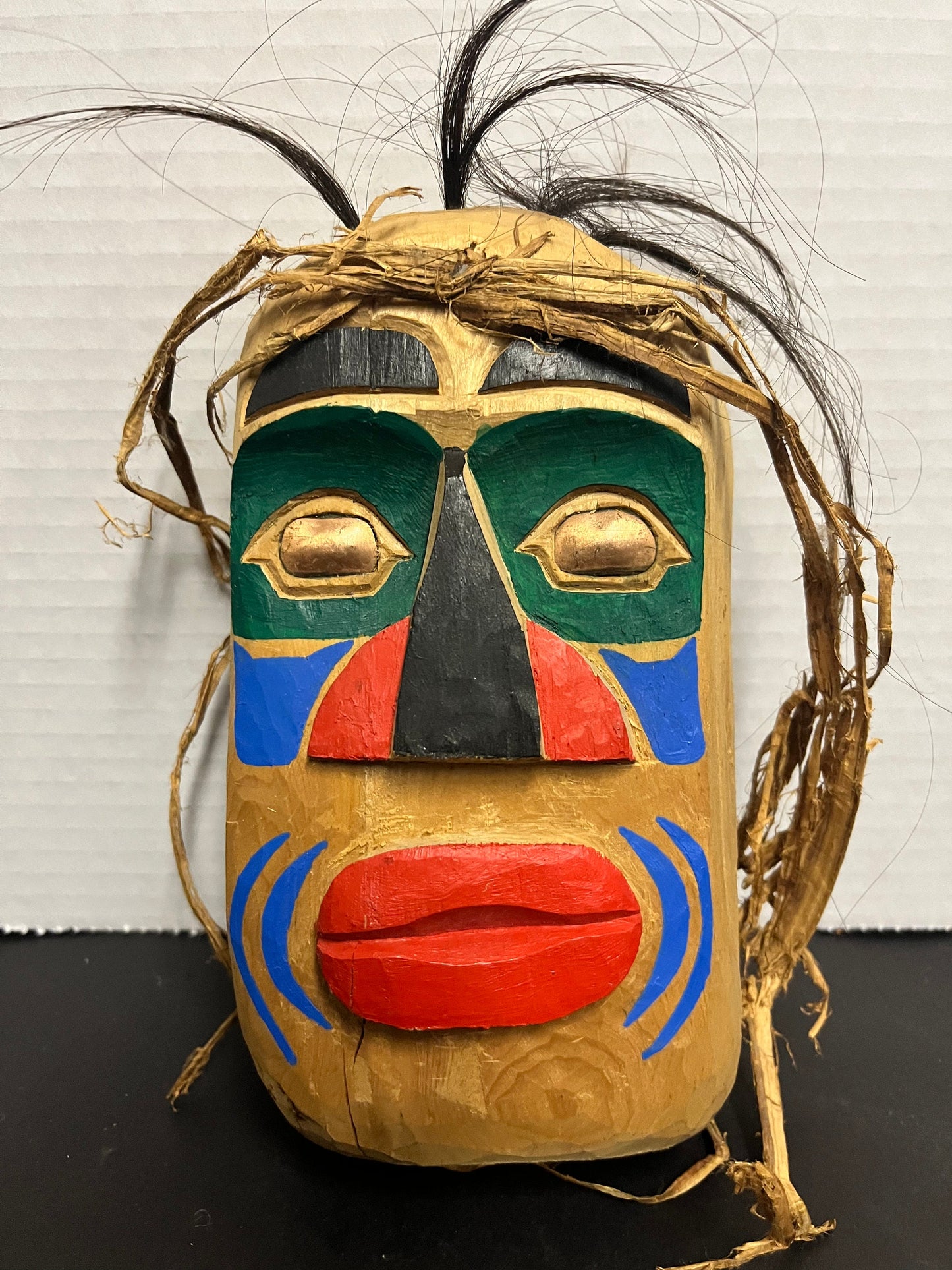 8 x 4 signed authentic stunning, indigenous, first Nations Pacific Northwest coast painted mask with copper eyes  really beautiful gift