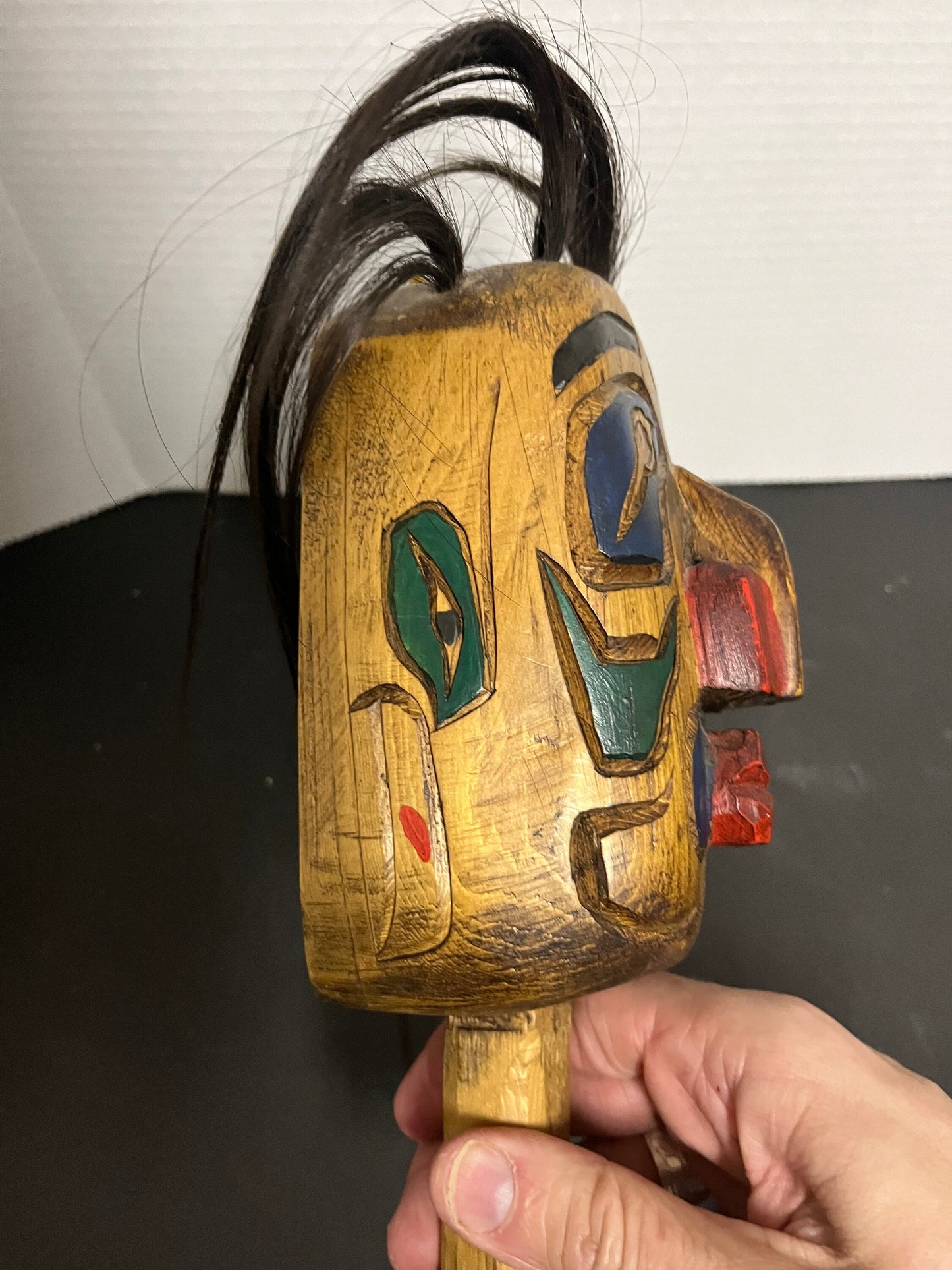 Fabulous 7 x 4 indigenous first nations pacific northwest coast signed cedar polychrome painted Rattle  great sound   wow wow