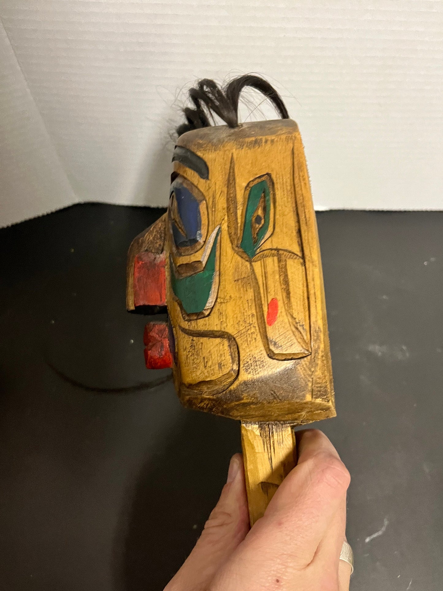 Fabulous 7 x 4 indigenous first nations pacific northwest coast signed cedar polychrome painted Rattle  great sound   wow wow