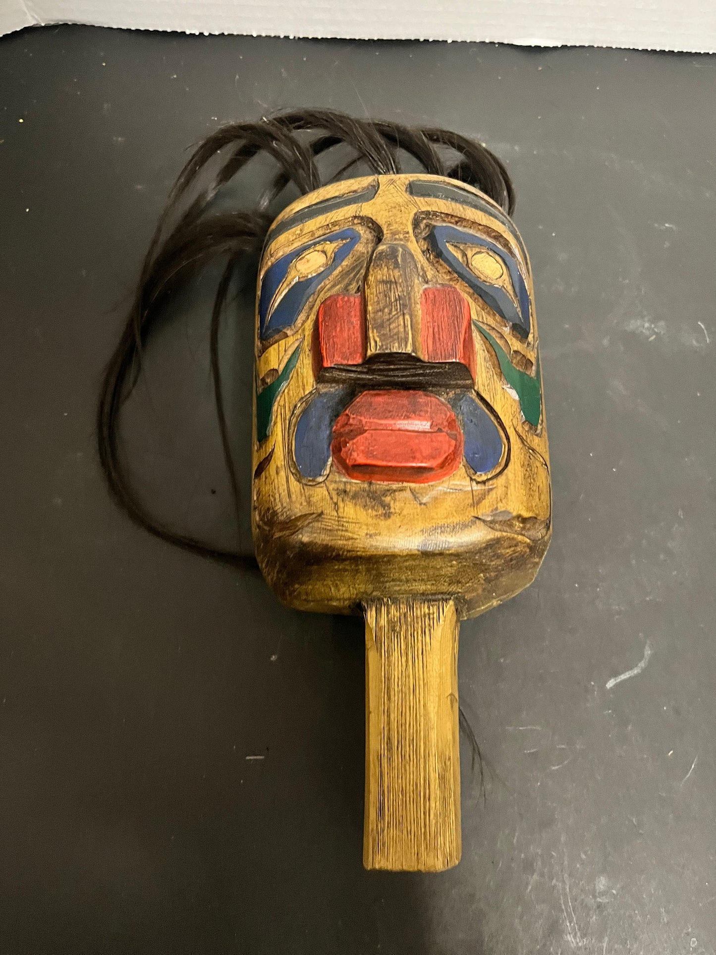 Fabulous 7 x 4 indigenous first nations pacific northwest coast signed cedar polychrome painted Rattle  great sound   wow wow