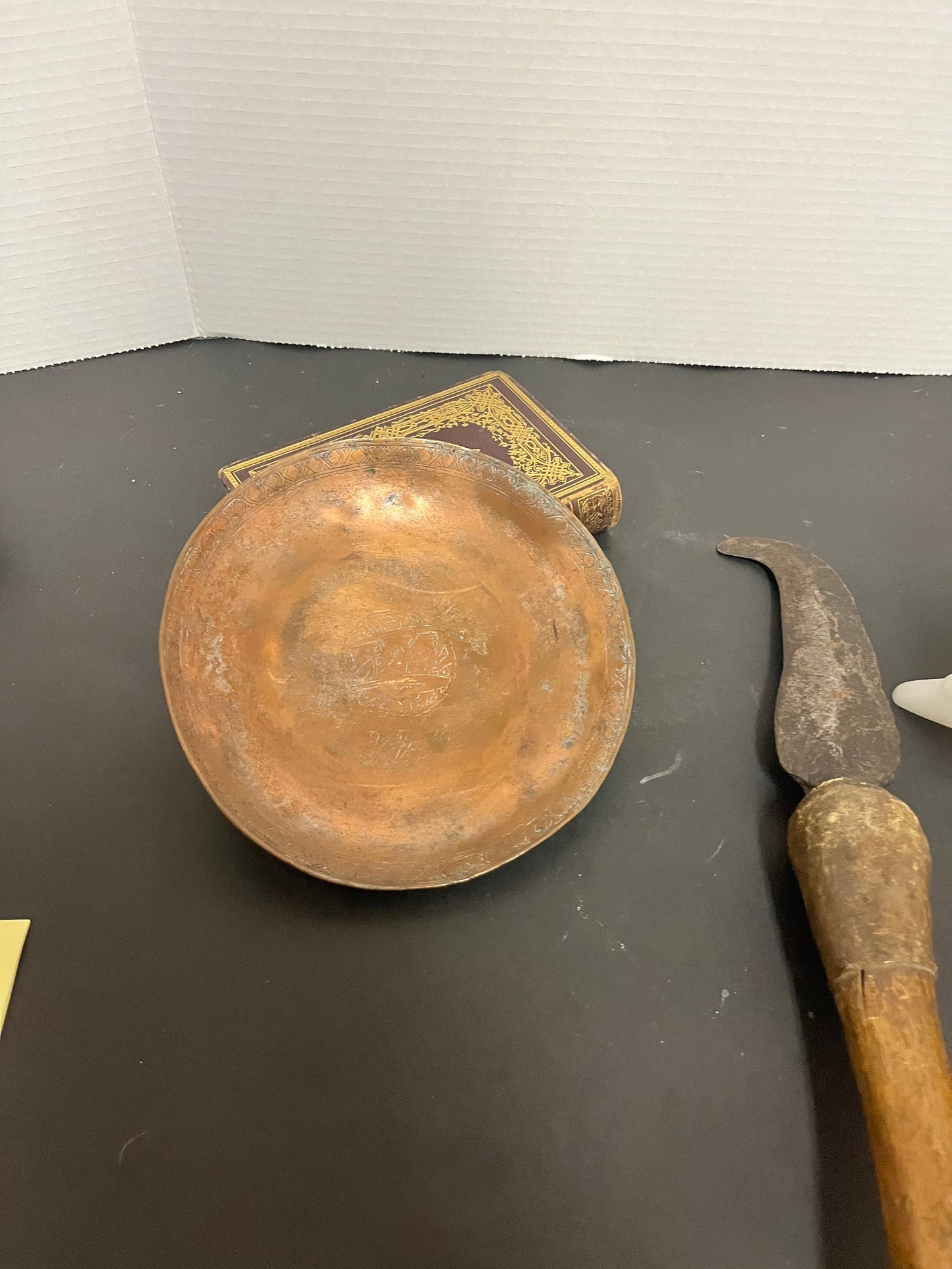 Stunning 8 inch ancient copper engraved bowl dish  ready to hang  amazing Patina  wow gift