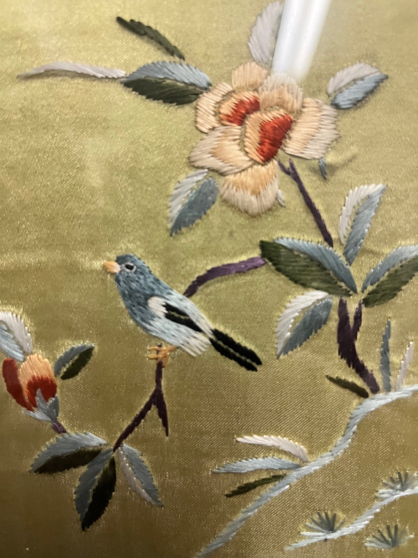 Exquisite 13 x 11 antique Chinese embroidery in stunning Rosewood frame  depicting birds on a wire with exquisite accuracy  lovely gift