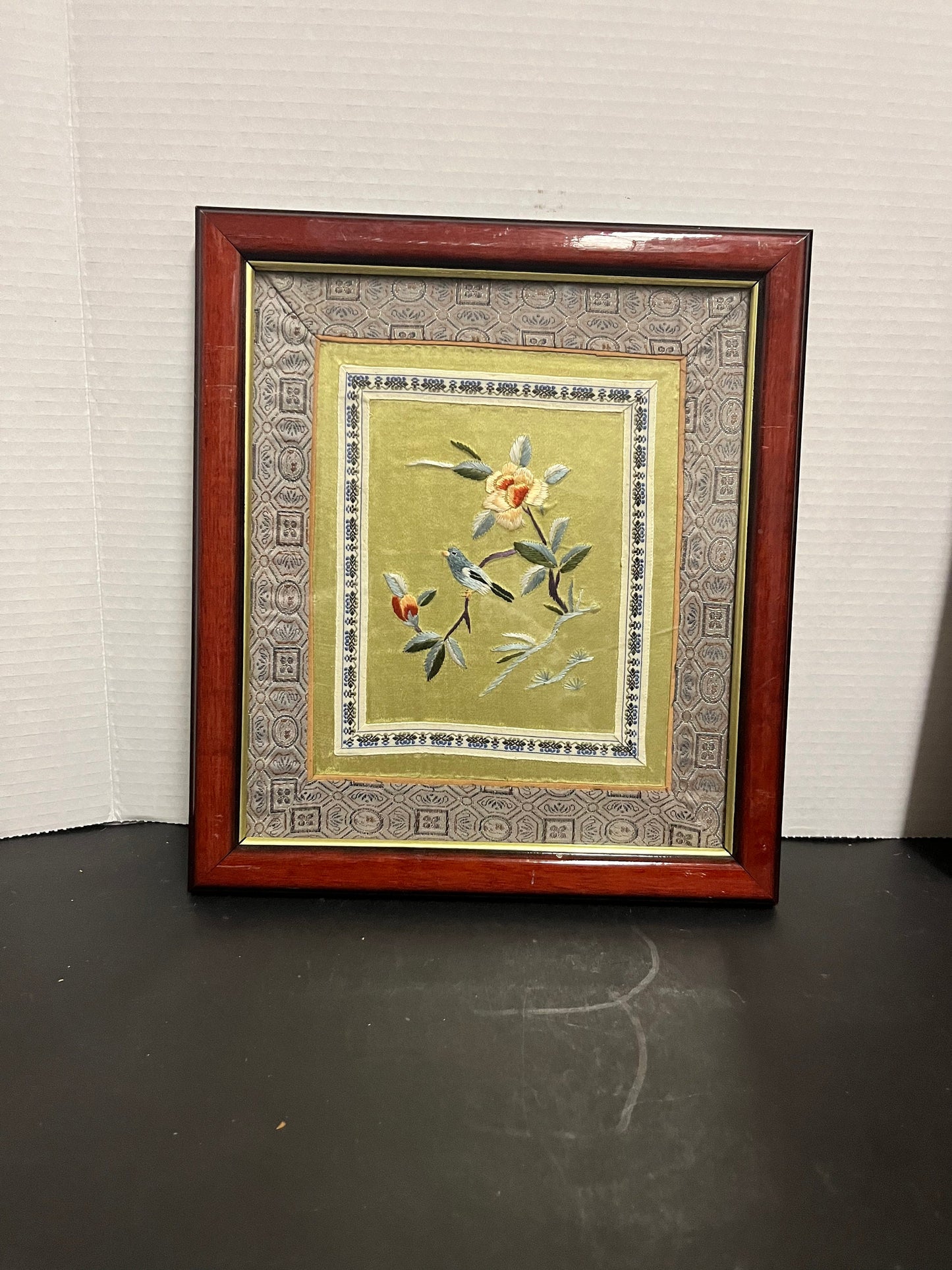 Exquisite 13 x 11 antique Chinese embroidery in stunning Rosewood frame  depicting birds on a wire with exquisite accuracy  lovely gift