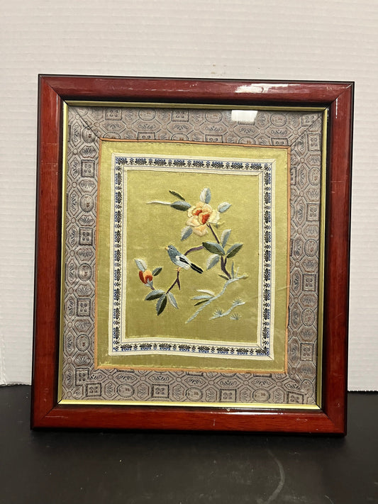 Exquisite 13 x 11 antique Chinese embroidery in stunning Rosewood frame  depicting birds on a wire with exquisite accuracy  lovely gift