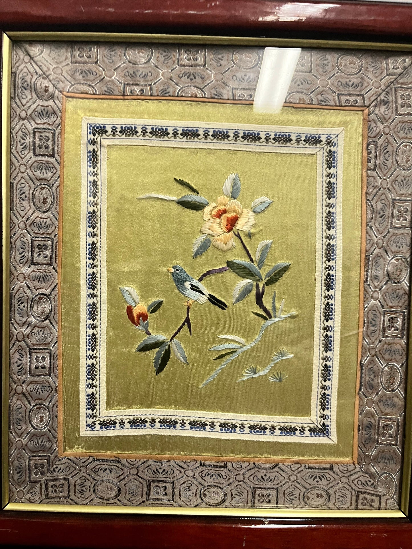 Exquisite 13 x 11 antique Chinese embroidery in stunning Rosewood frame  depicting birds on a wire with exquisite accuracy  lovely gift