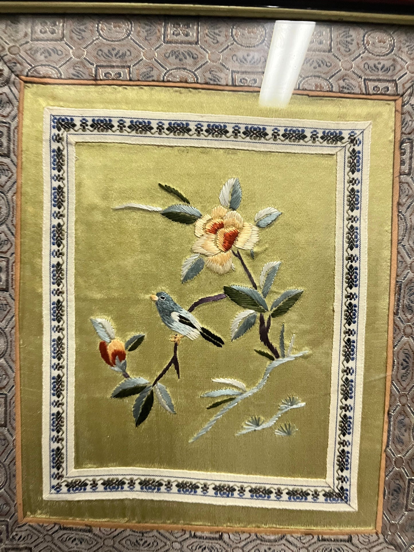 Exquisite 13 x 11 antique Chinese embroidery in stunning Rosewood frame  depicting birds on a wire with exquisite accuracy  lovely gift