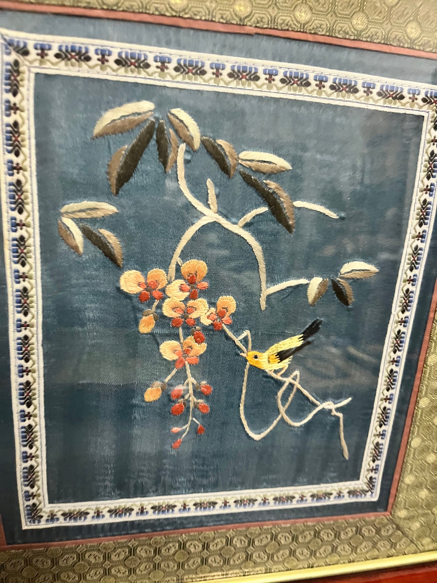 13 x 12 fabulous antique Chinese silk embroidery in wonderful Rosewood frame  depicting birds, and flowers  quality  19th century - wow