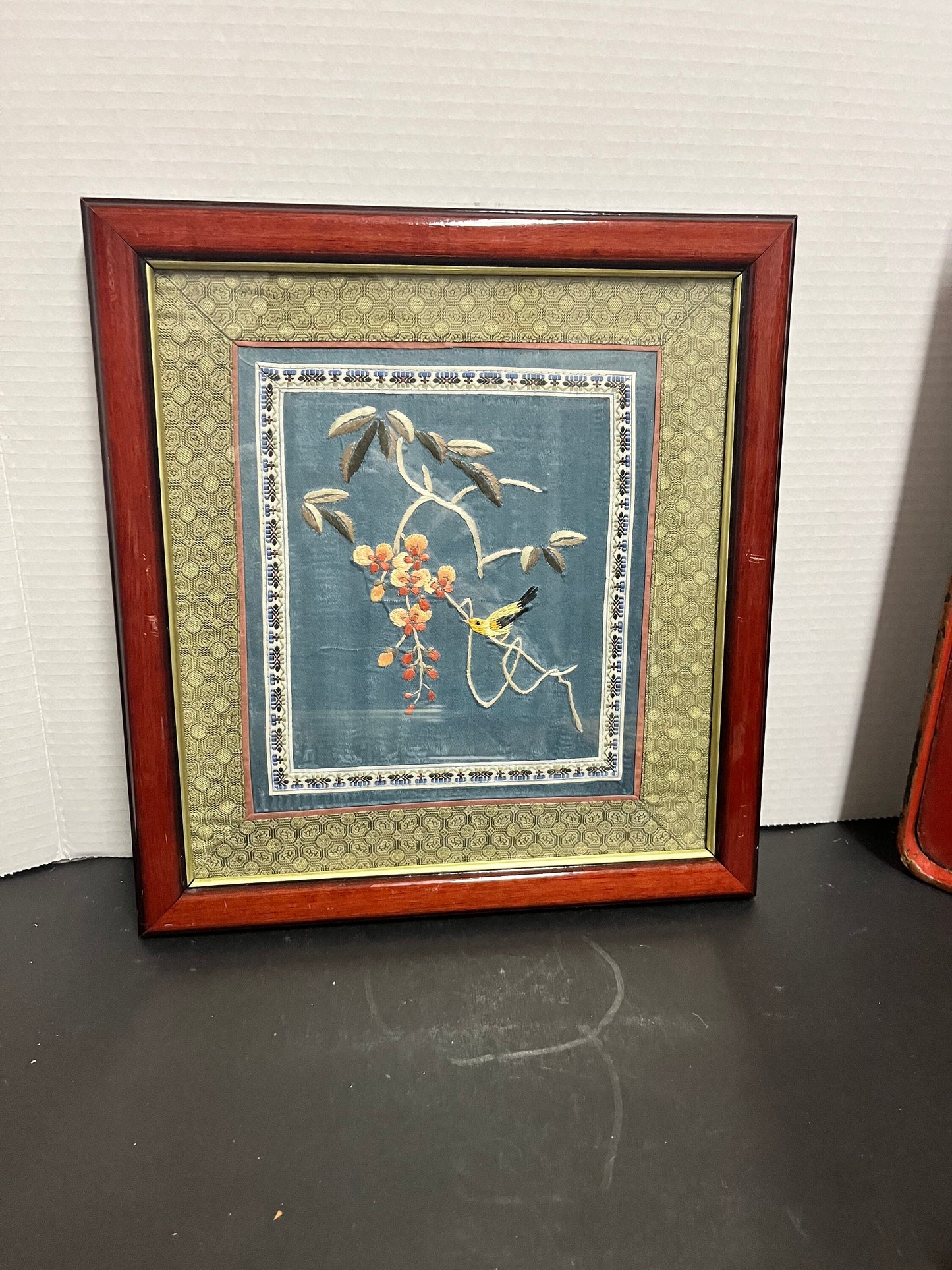 13 x 12 fabulous antique Chinese silk embroidery in wonderful Rosewood frame  depicting birds, and flowers  quality  19th century - wow