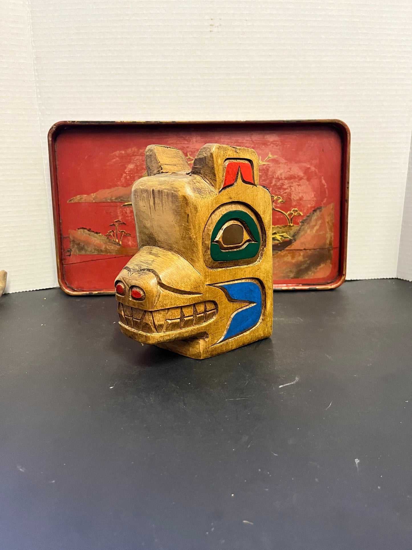 Fabulous 7 inch high and 5 across  indigenous, first nations pacific northwest coast hanging mask with copper eyes  wow  great price