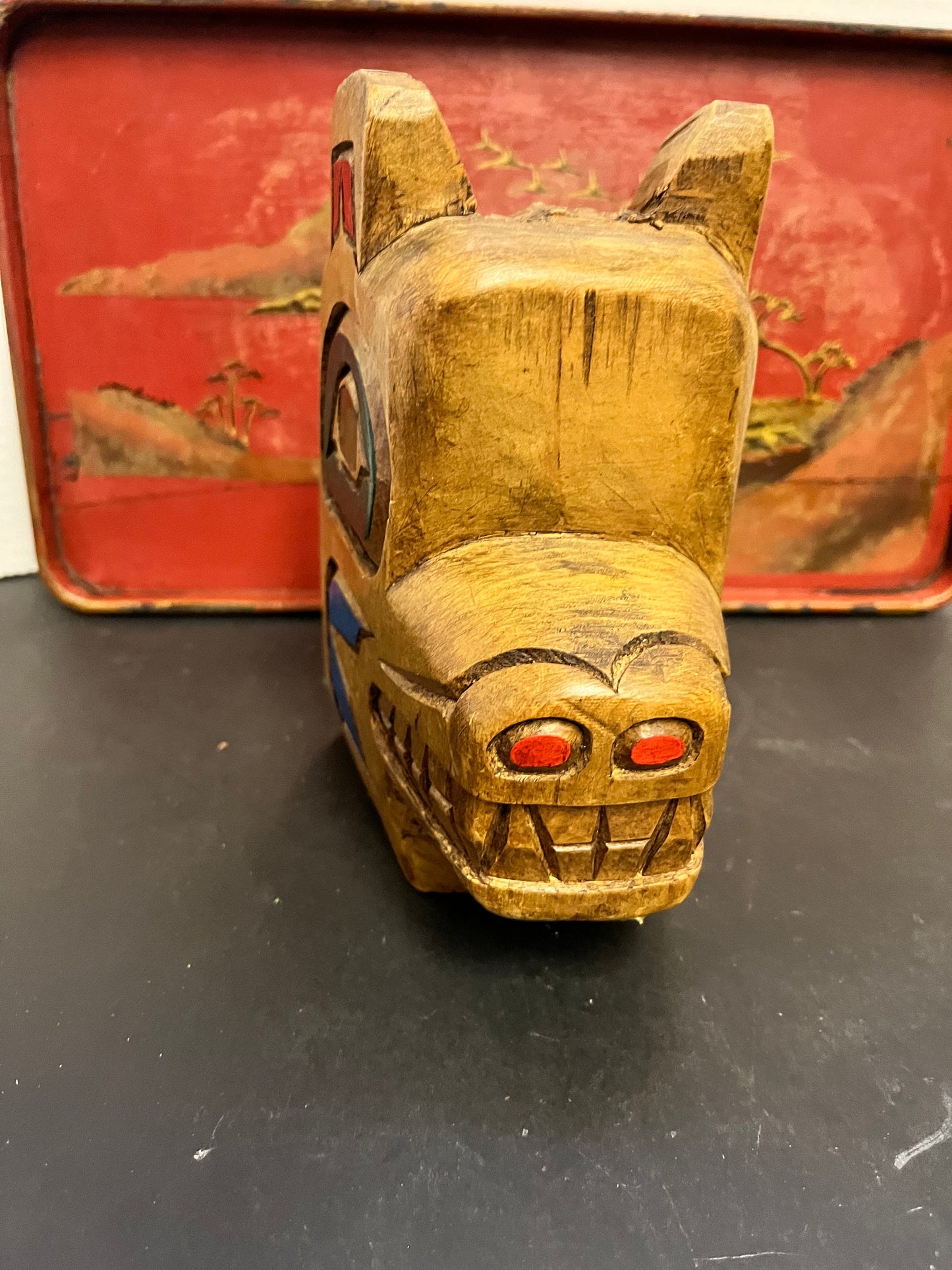 Fabulous 7 inch high and 5 across  indigenous, first nations pacific northwest coast hanging mask with copper eyes  wow  great price