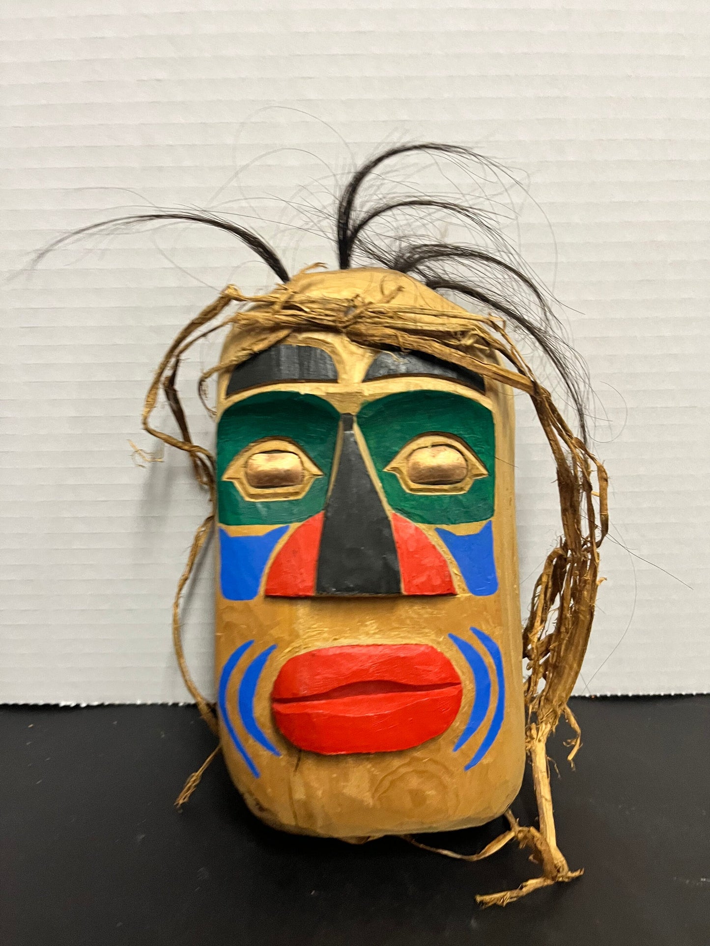 8 x 4 signed authentic stunning, indigenous, first Nations Pacific Northwest coast painted mask with copper eyes  really beautiful gift