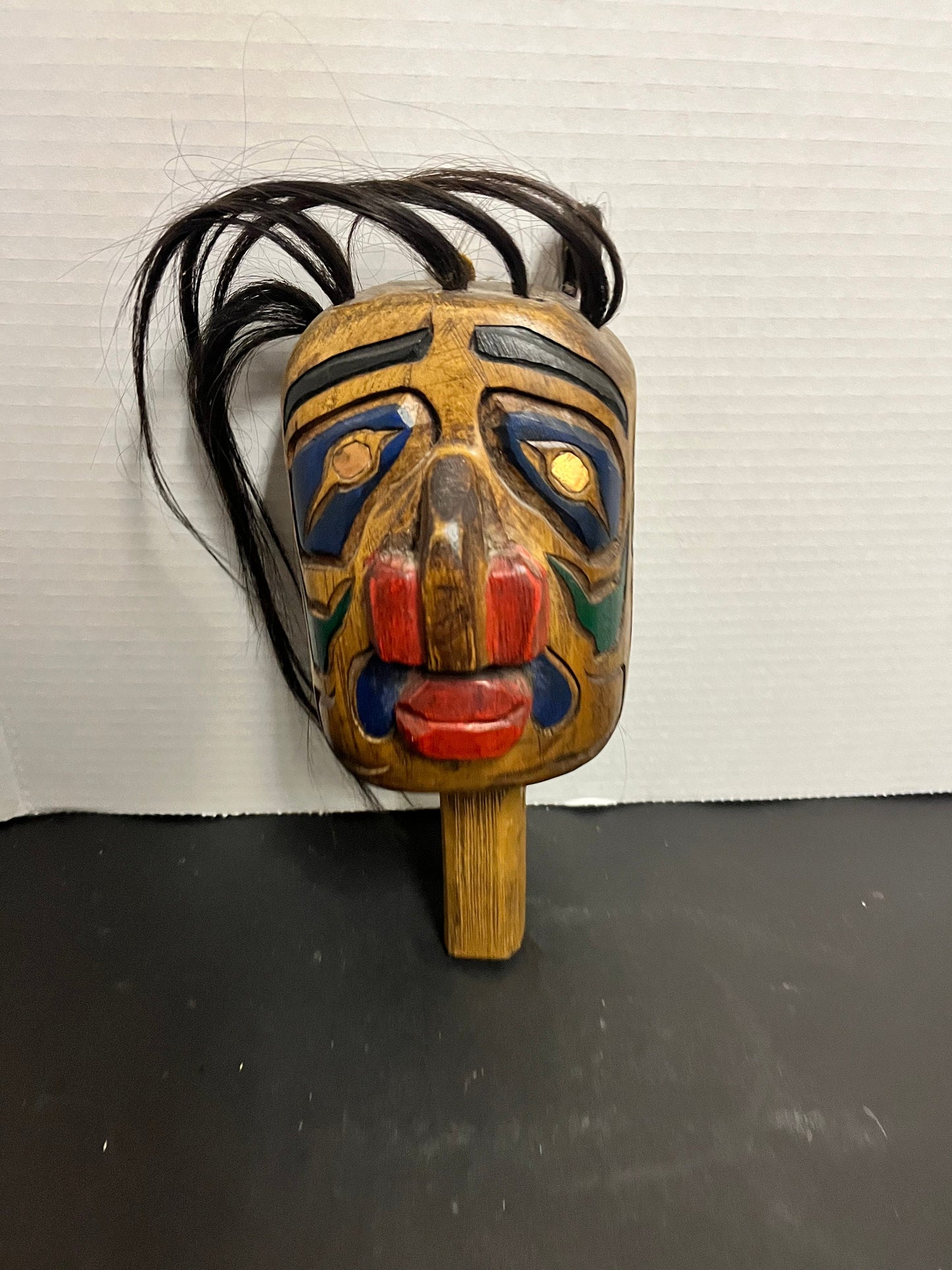 Fabulous 7 x 4 indigenous first nations pacific northwest coast signed cedar polychrome painted Rattle  great sound   wow wow