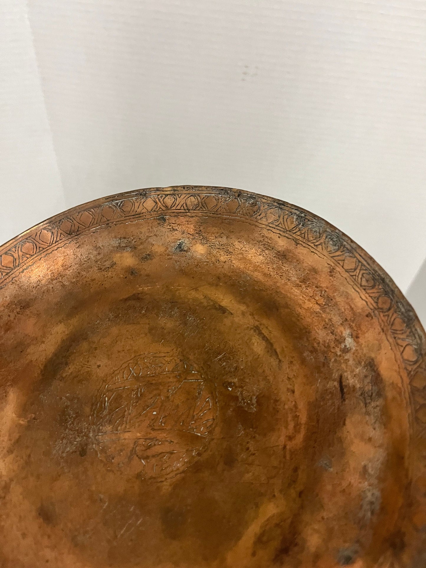 Stunning 8 inch ancient copper engraved bowl dish  ready to hang  amazing Patina  wow gift