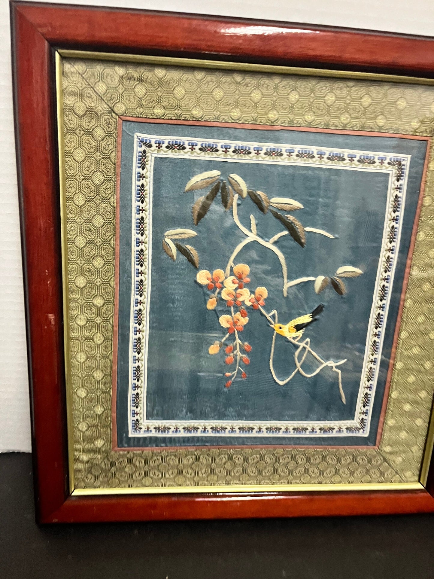 13 x 12 fabulous antique Chinese silk embroidery in wonderful Rosewood frame  depicting birds, and flowers  quality  19th century - wow