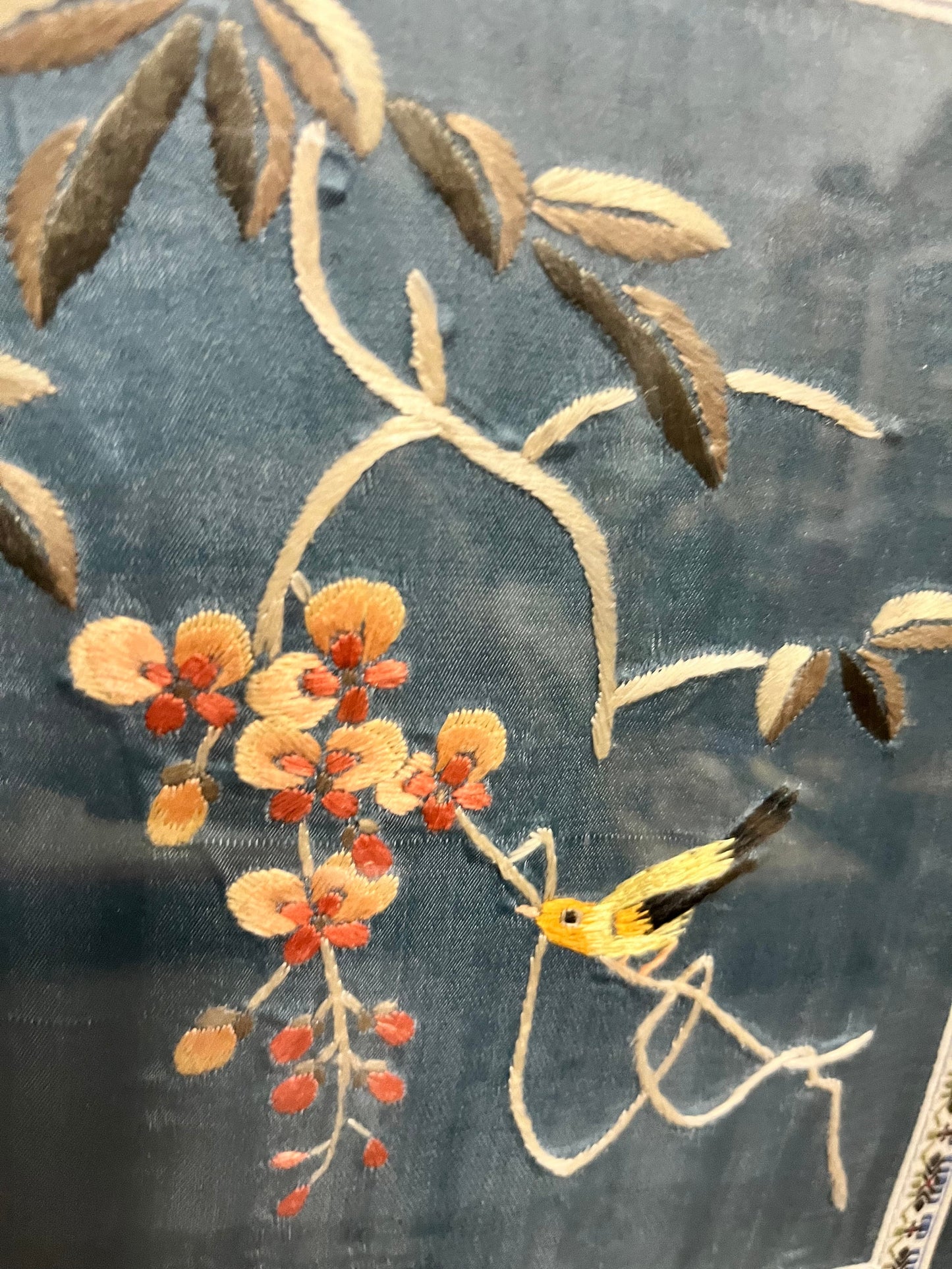 13 x 12 fabulous antique Chinese silk embroidery in wonderful Rosewood frame  depicting birds, and flowers  quality  19th century - wow