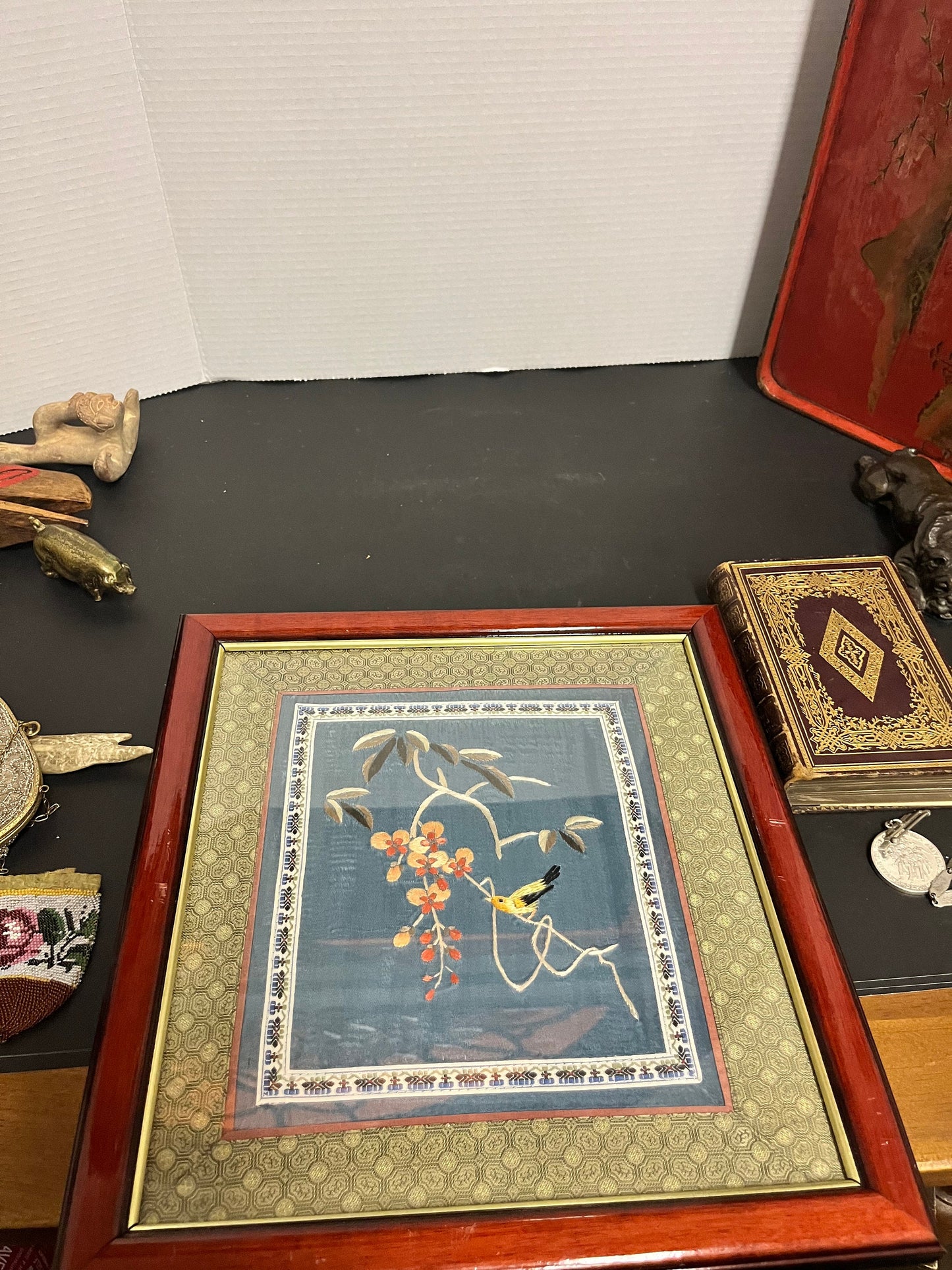 13 x 12 fabulous antique Chinese silk embroidery in wonderful Rosewood frame  depicting birds, and flowers  quality  19th century - wow