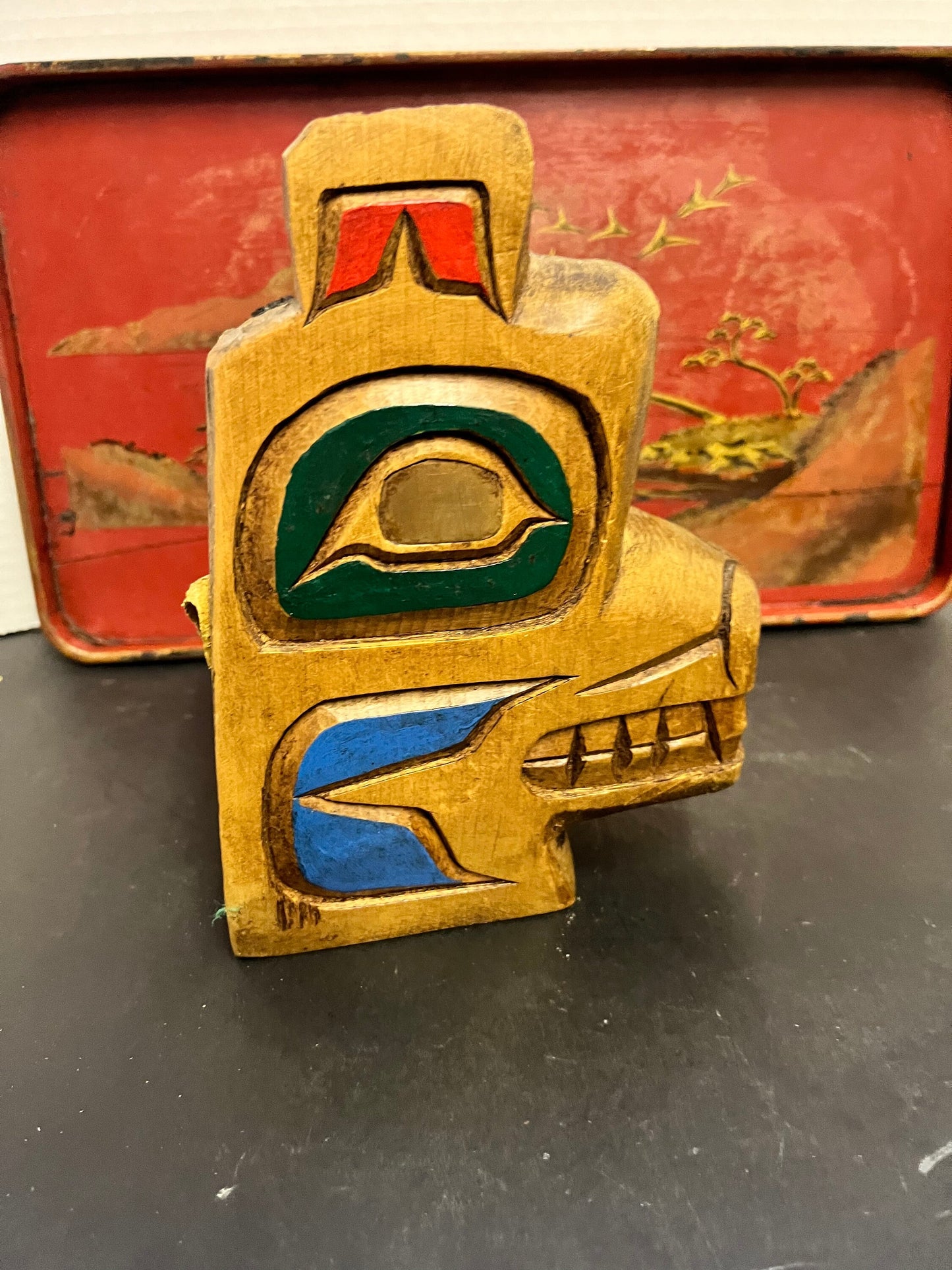 Fabulous 7 inch high and 5 across  indigenous, first nations pacific northwest coast hanging mask with copper eyes  wow  great price